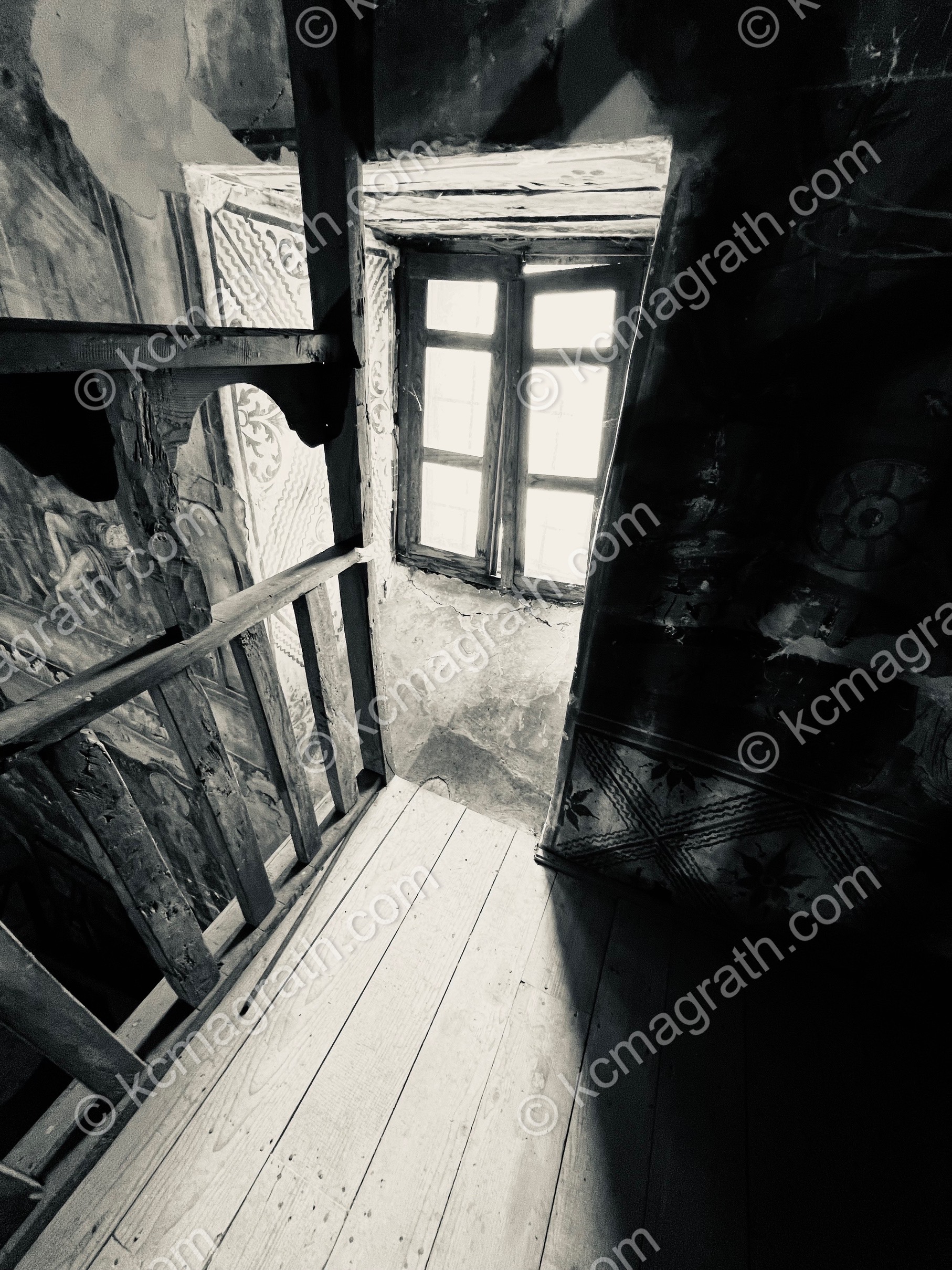 Rustic Window in 18th Century Orthodox Church of Leusa Dormition of St. Mary, B&W, Albania