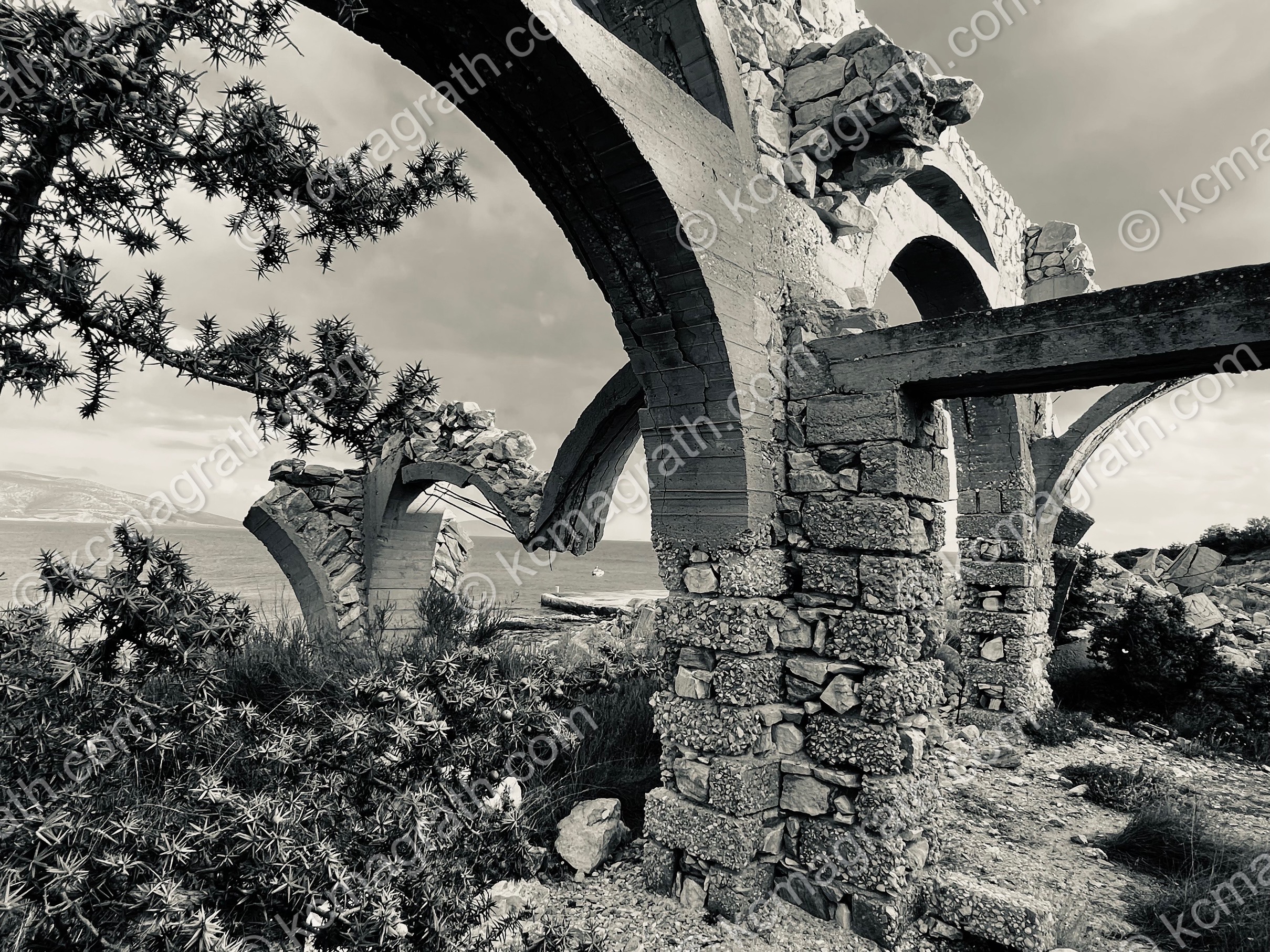 Naxos' Archways 1 at an Abandoned, Unfinished Resort, B&W, Greece