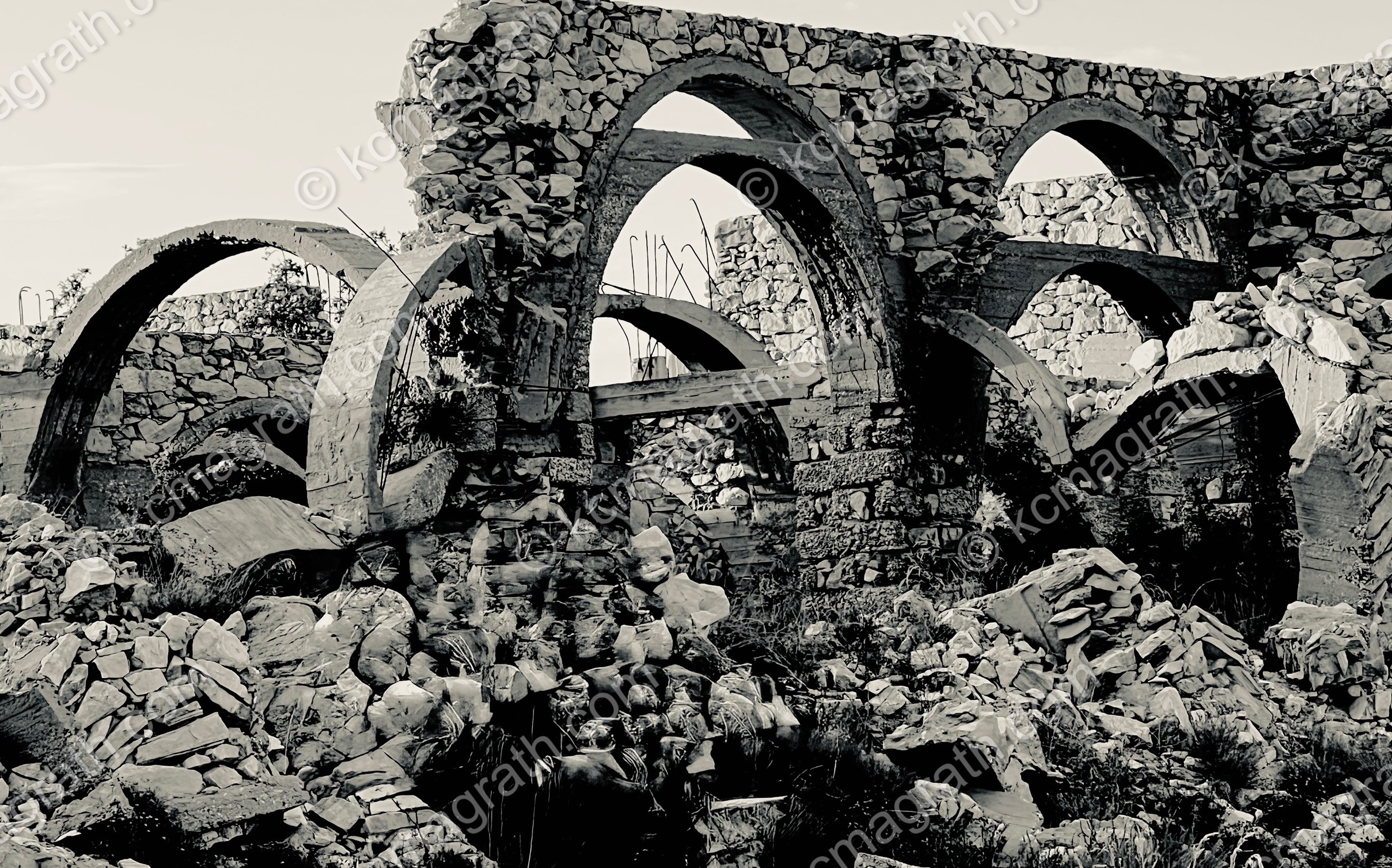 Naxos' Archways 2 at an Abandoned, Unfinished Resort, B&W, Greece