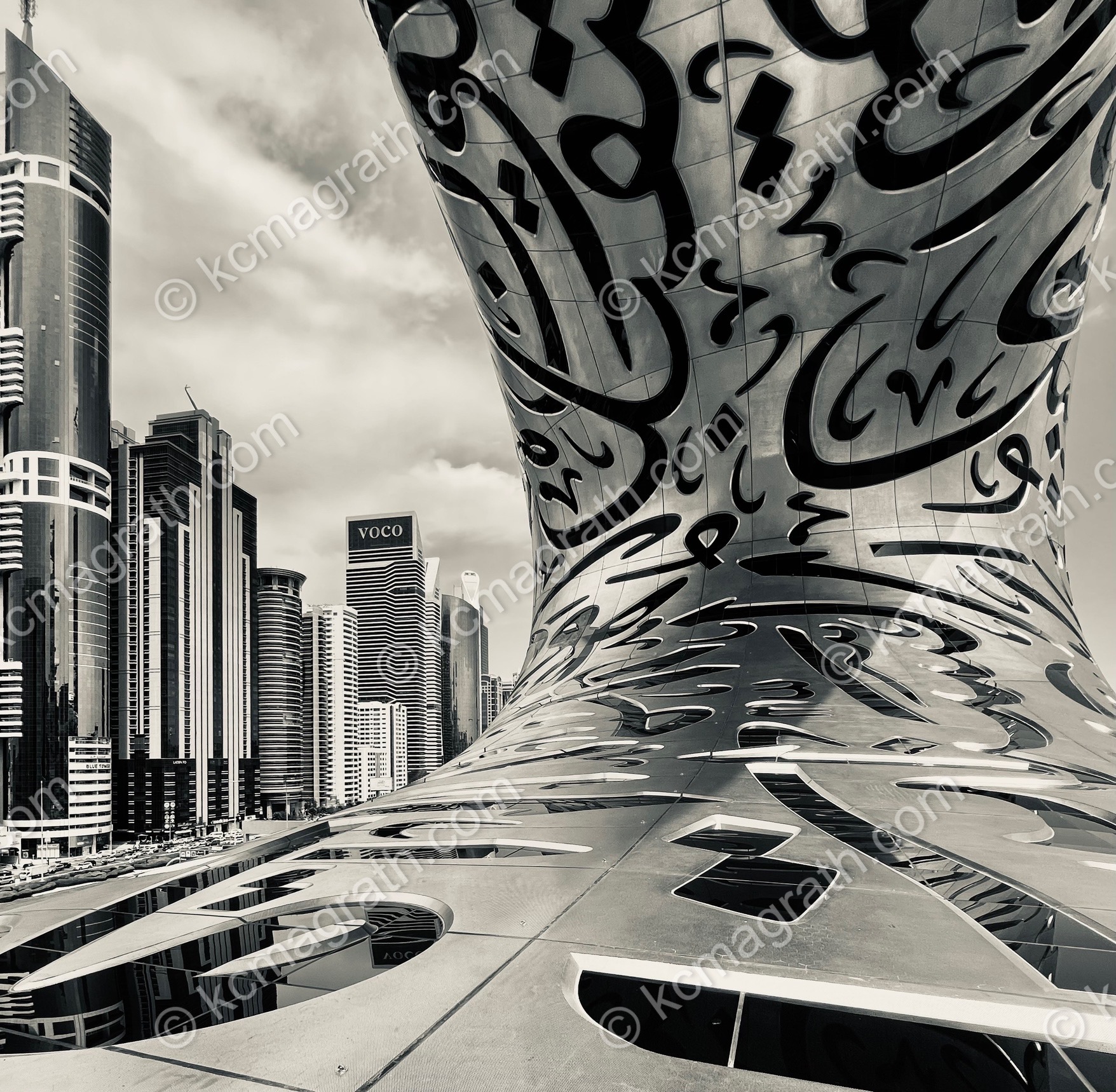 Dubai's Museum of the Future & Skyline, Unique Angle, B&W, UAE