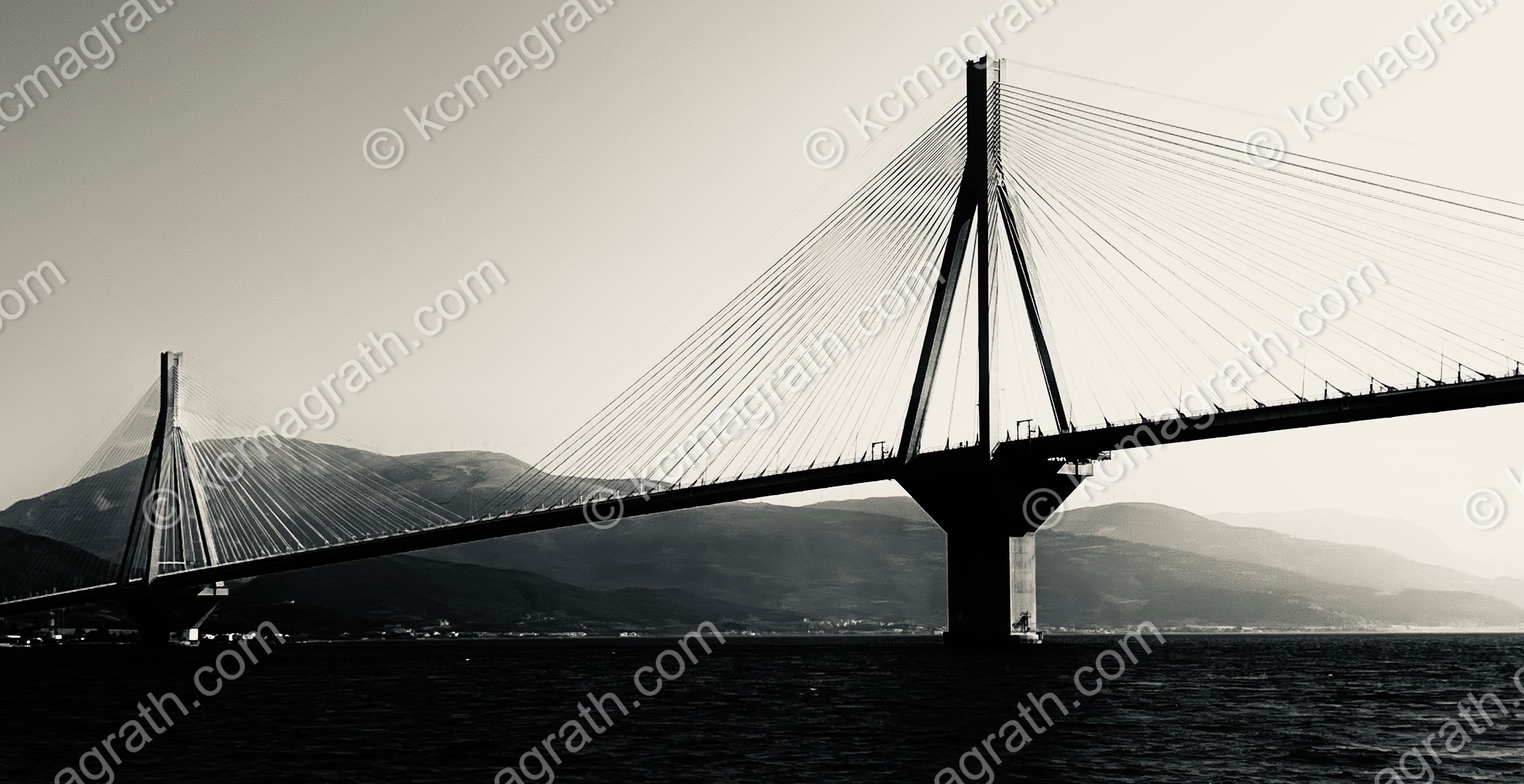 Rio- Antirrio Bridge Charilaos Trikoupis 1, Photographed From Our Sailboat, B&W, Greece