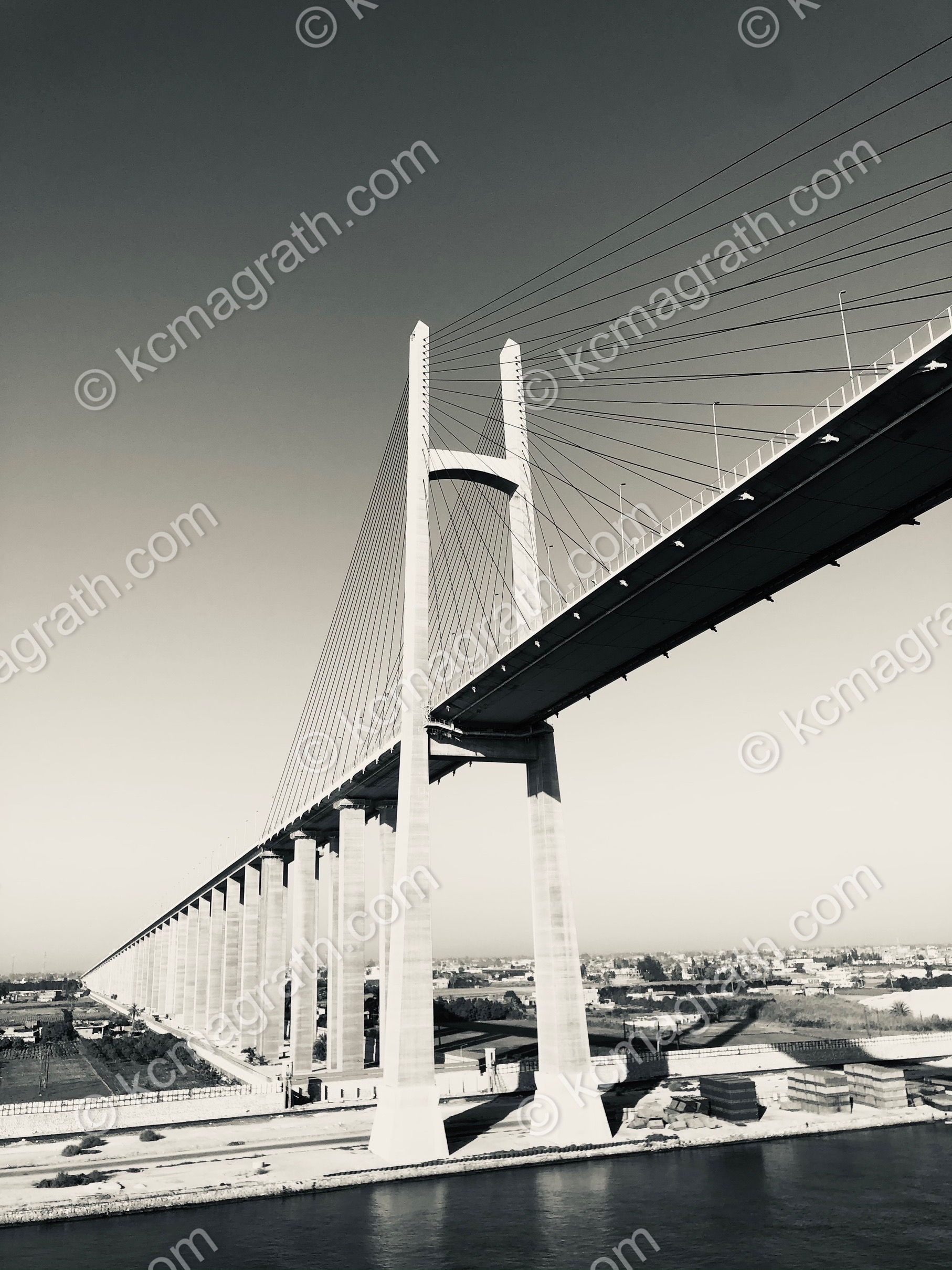 Suez Canal Bridge Linking Africa and Asia (Photographed From a Cruise Ship), B&W