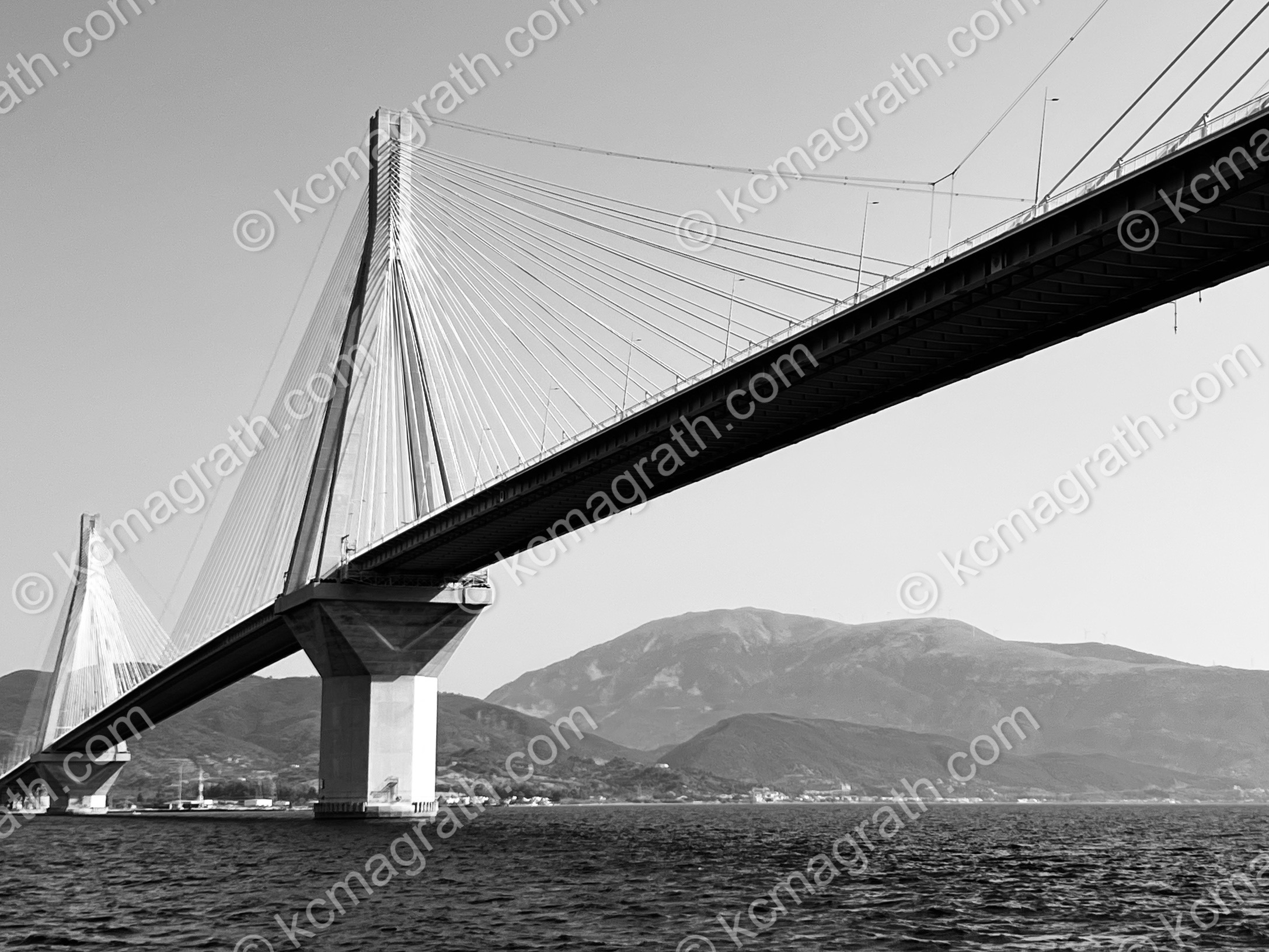 Rio-Antirrio Bridge Charilaos Trikoupis 2, Photographed from our Sailboat, B&W, Greece