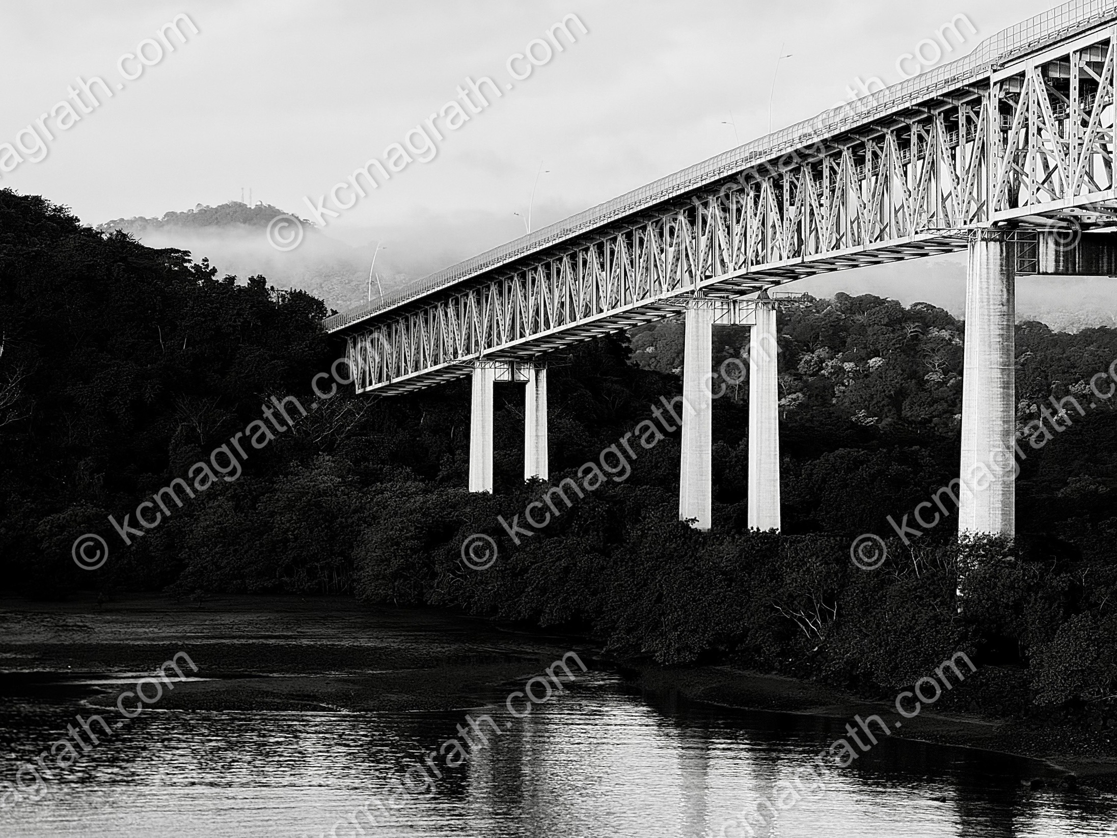 Panama Canal's Bridge of the Americas 1, Photographed from Cruise Ship, B&W, Panama