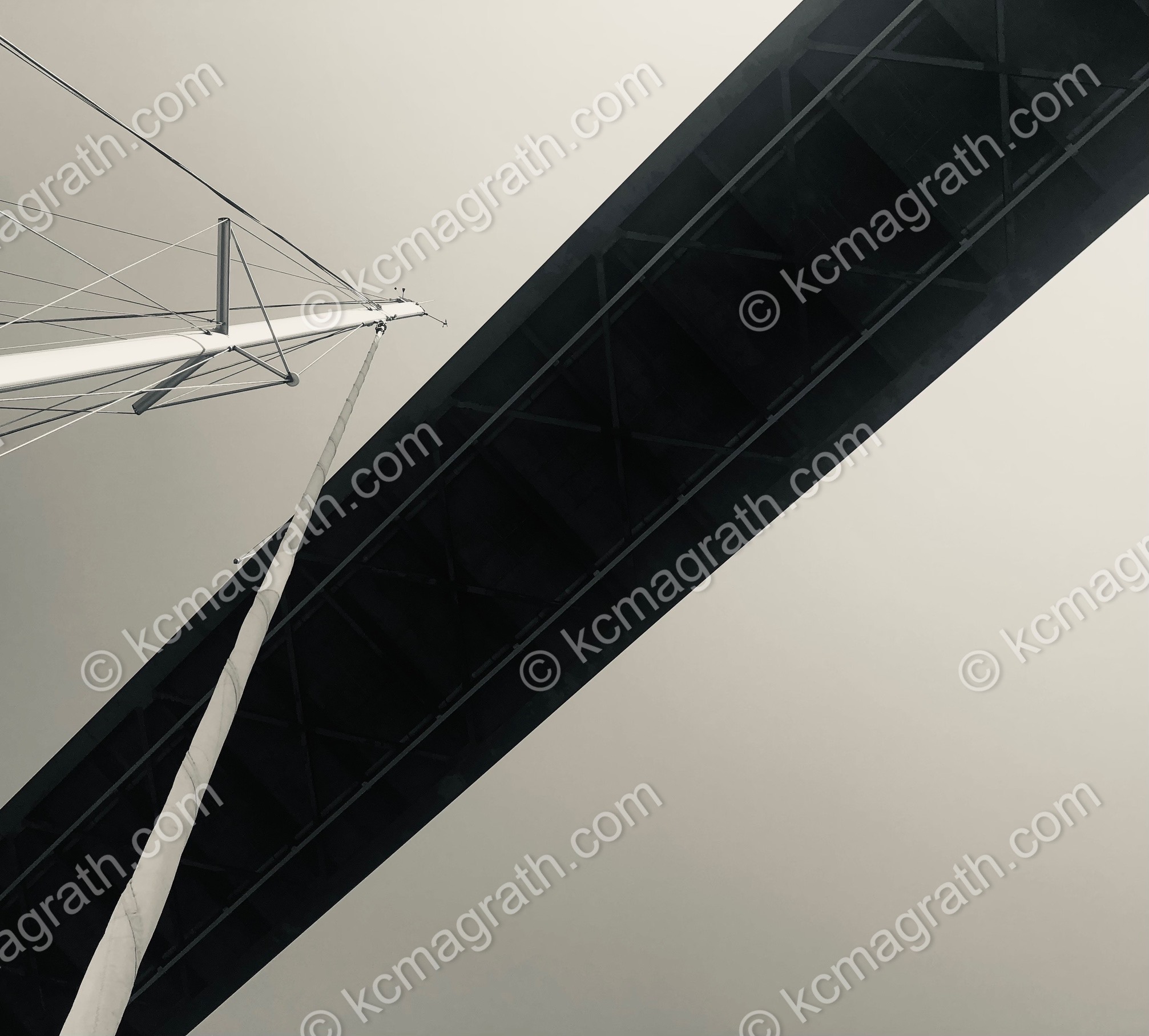 Dubrovnik's Most Dr. Franja Tudmana Bridge & the Mast of S/V/ Desert Rose, Photographed as We Sailed Underneath, B&W, Abstract, Croatia