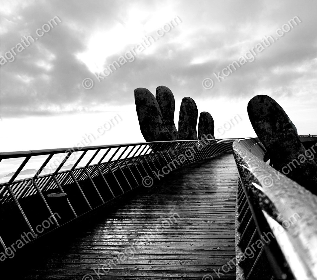 Ba Na Hills' Golden "Hands" Bridge, B&W, Vietnam