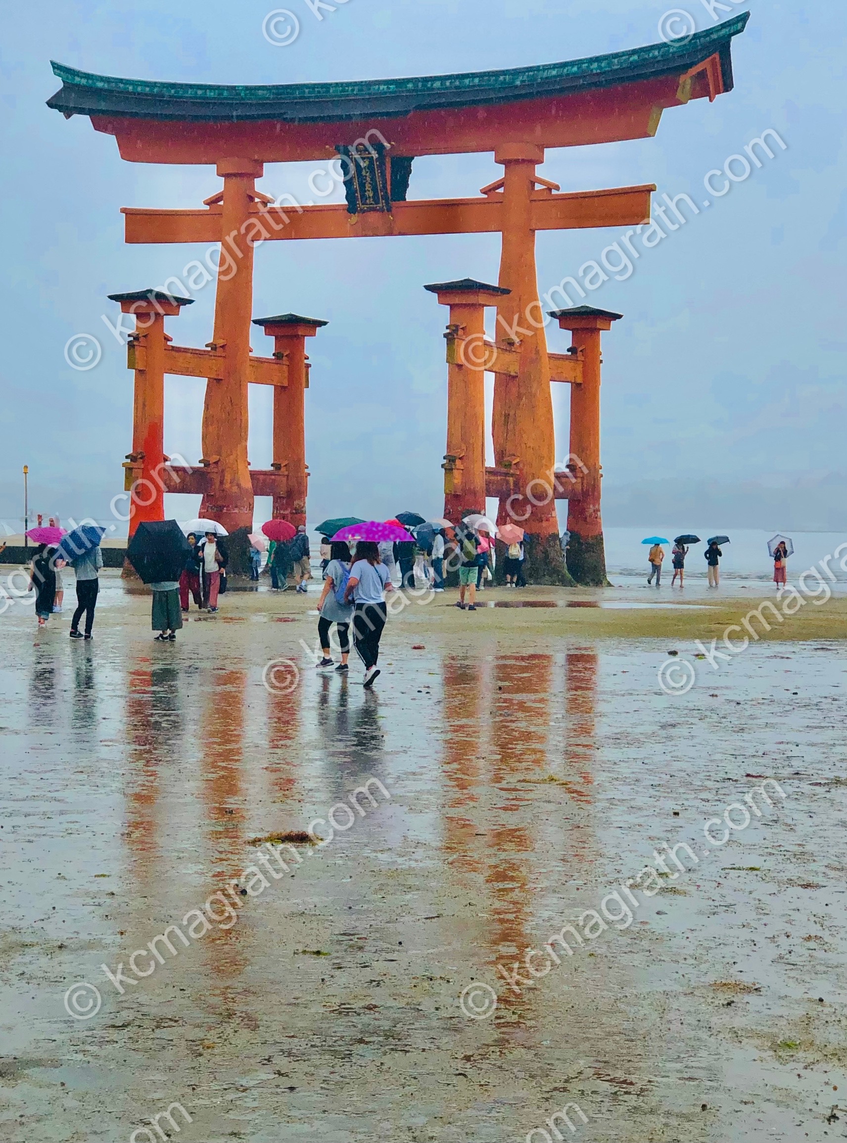 Miyajimacho's Otorii in the Rain With People, Japan