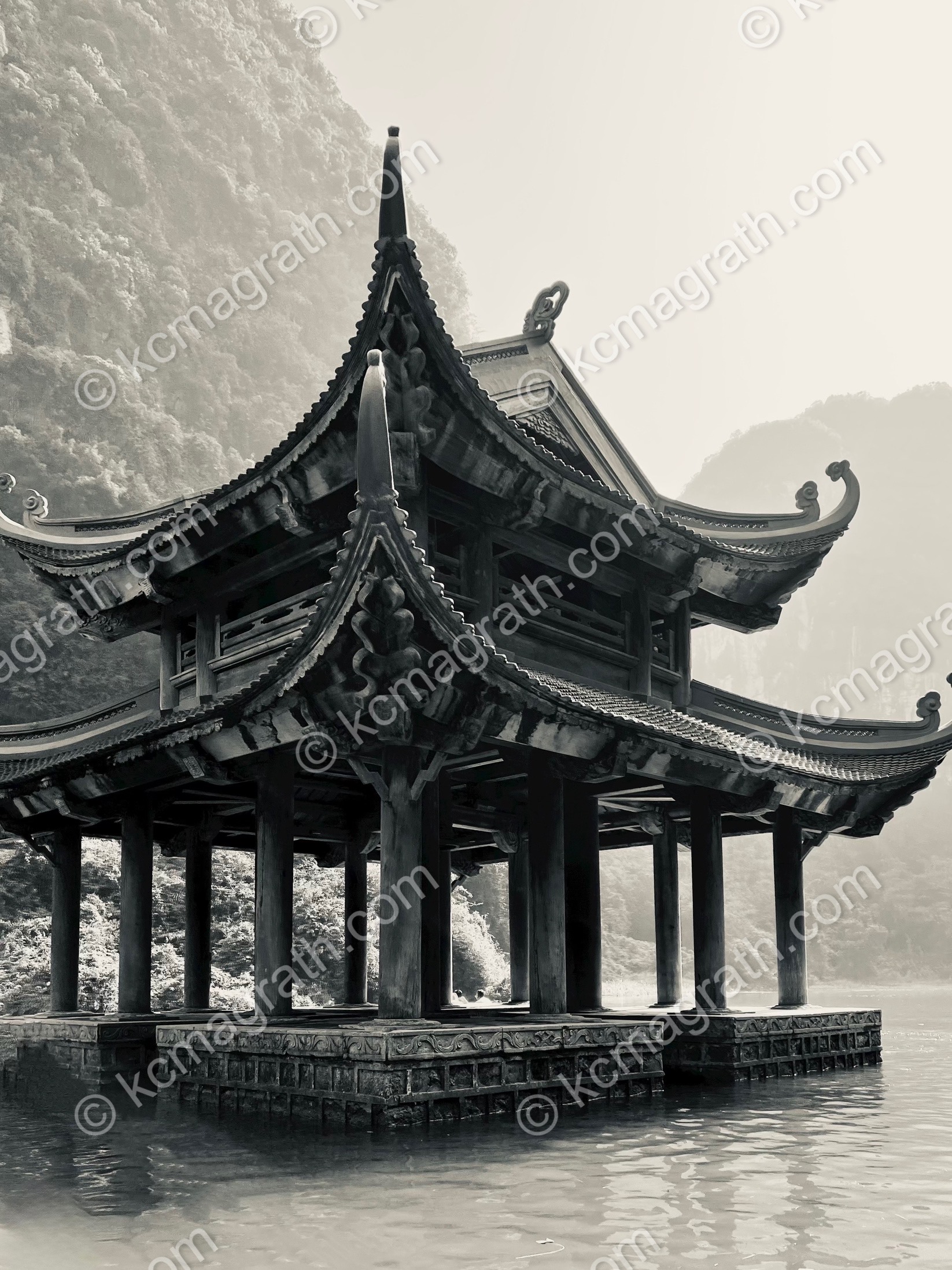 Hoa Lu - Ninh Nhat's Pagoda, Photographed from Boat, B&W, Vietnam