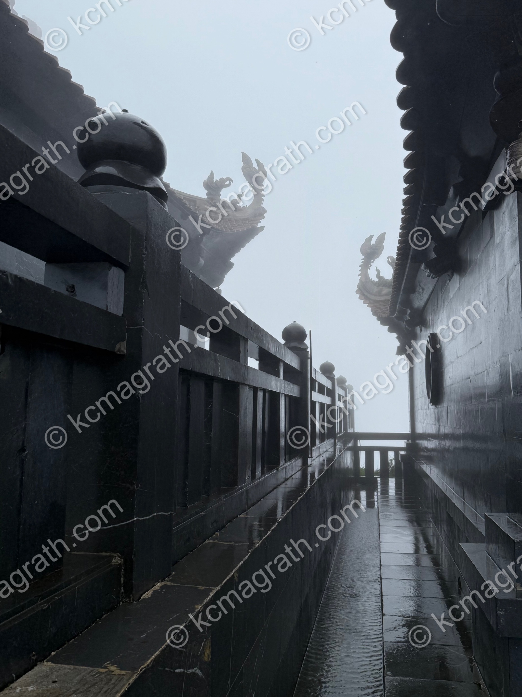 Fansipan Mountain's Structural Elements Shrouded in Fog, B&W, Vietnam
