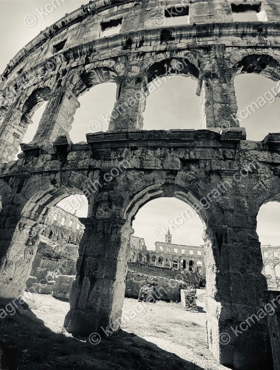 Pula's Roman Amphitheater Colloseum, B&W, Croatia