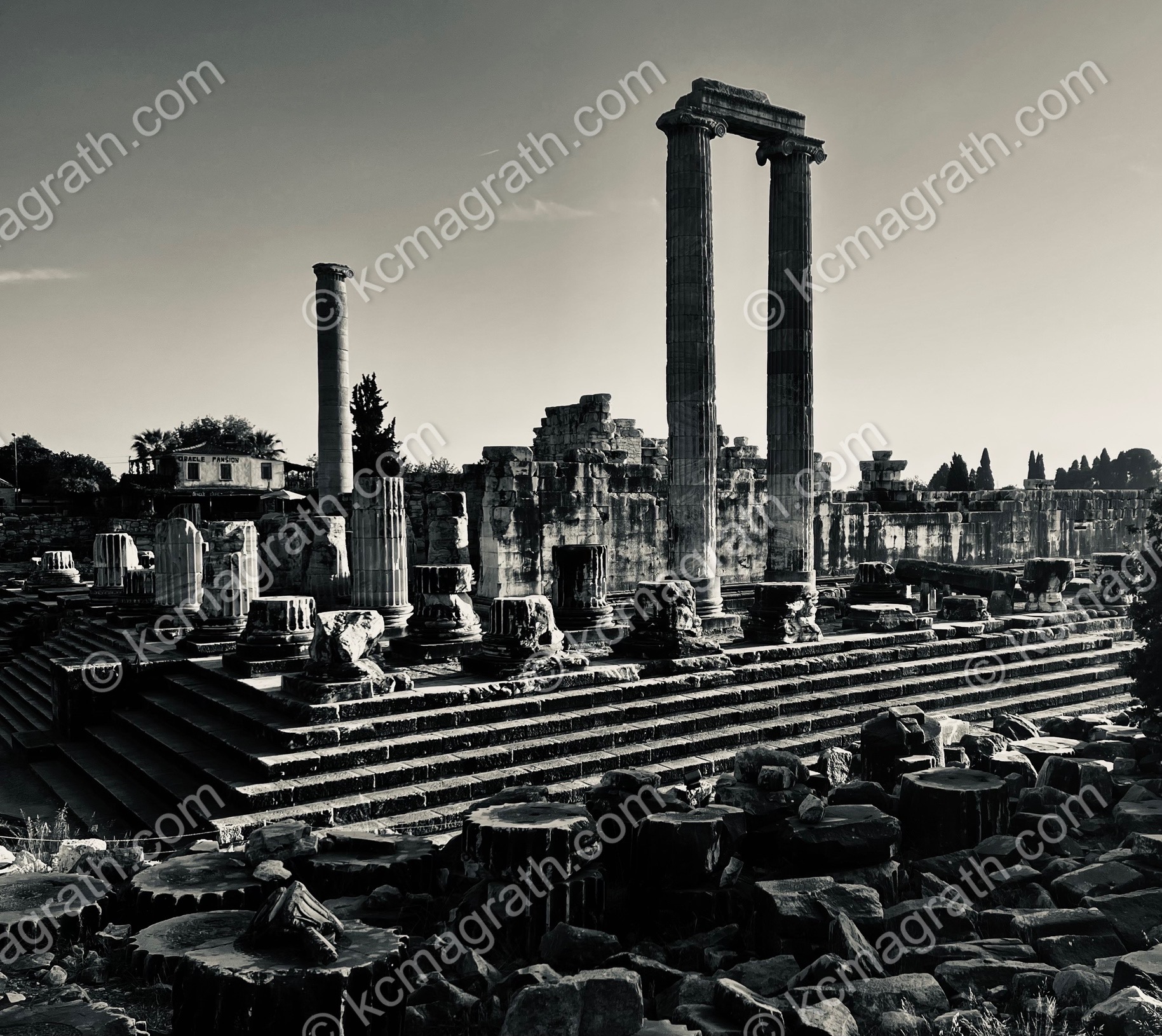 Didyma's Human Settlement and Ancient Sanctuary Ruins, B&W, Turkiye