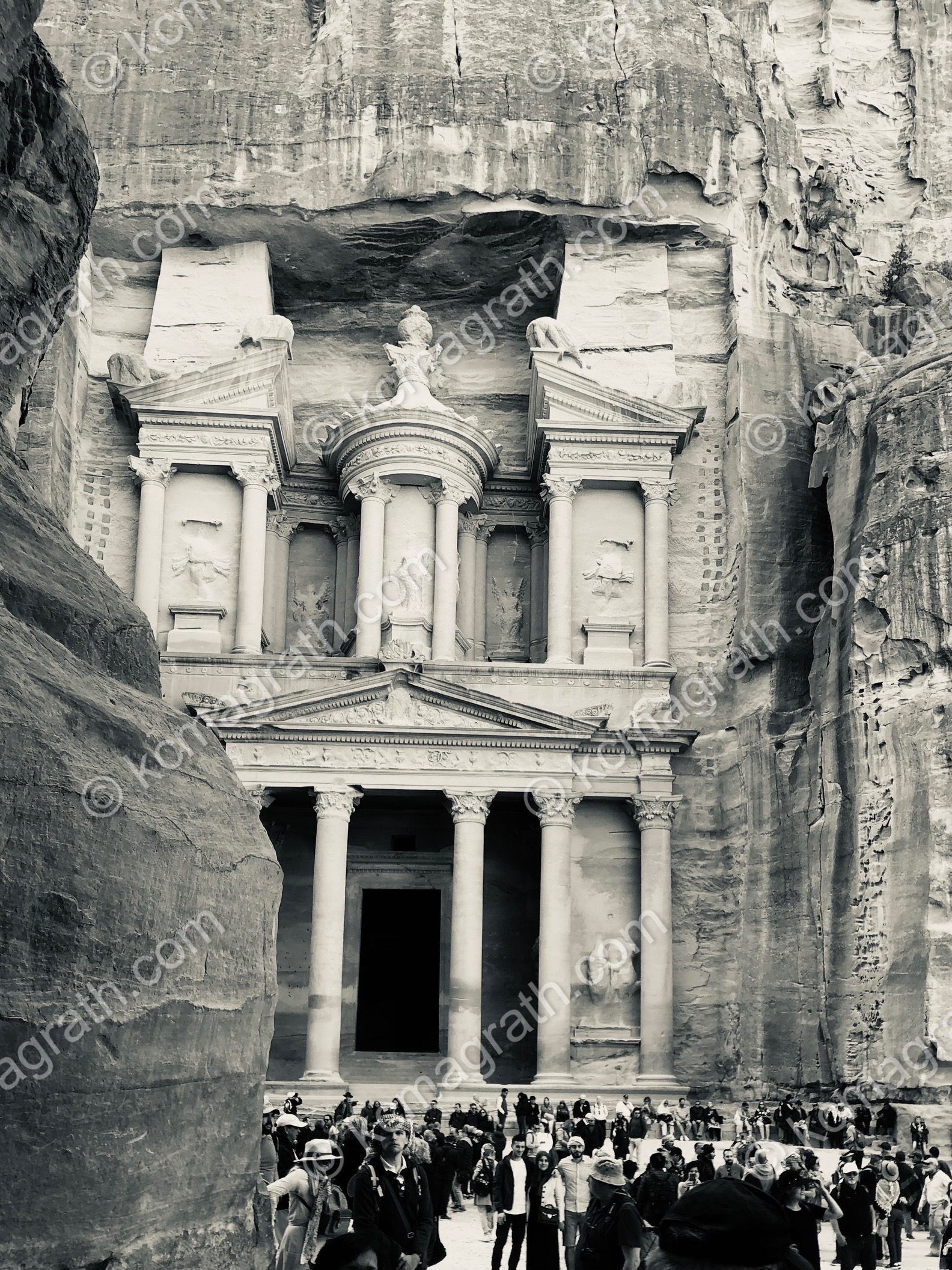 Petra's Ancient City and Archaeological Site 1 With People, B&W, Jordan