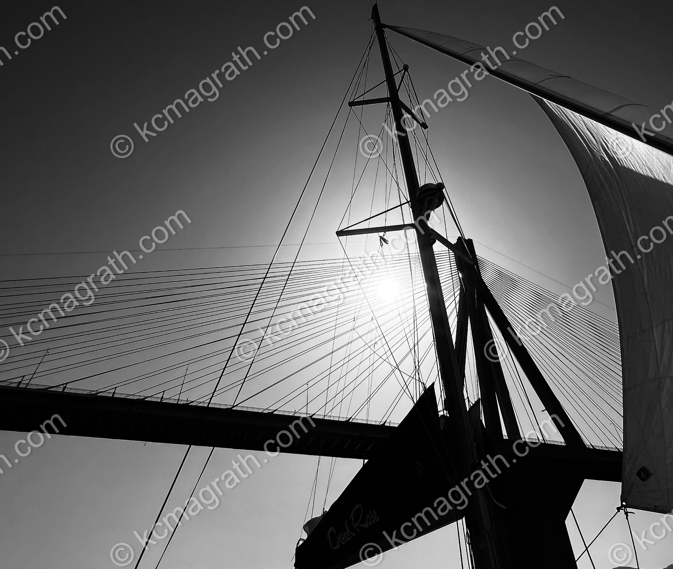 Sillhouette of Sailboat Rigging & Rio Antirrio Bridge, Abstract, B&W, Greece