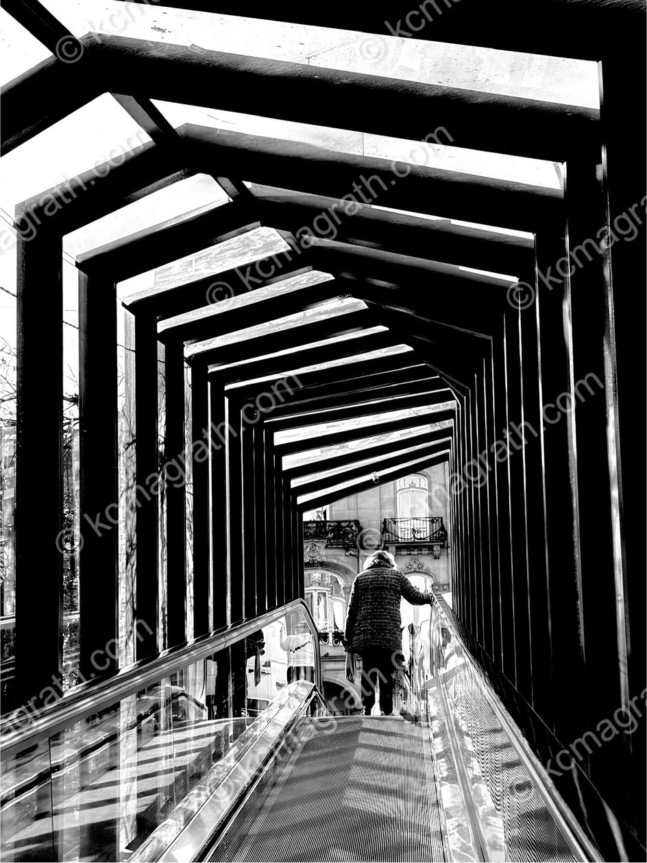 Vigo's Urban Street Escalator With Elderly Woman, B&W, Spain