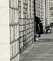 Elderly Hunched Monk Entering Old Franciscan Monastery, B&W Badija, Croatia