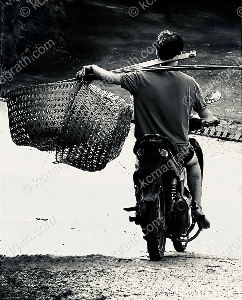 Baskets on Bamboo Pole on Motorbike, B&W, Phuong Do, Vietnam