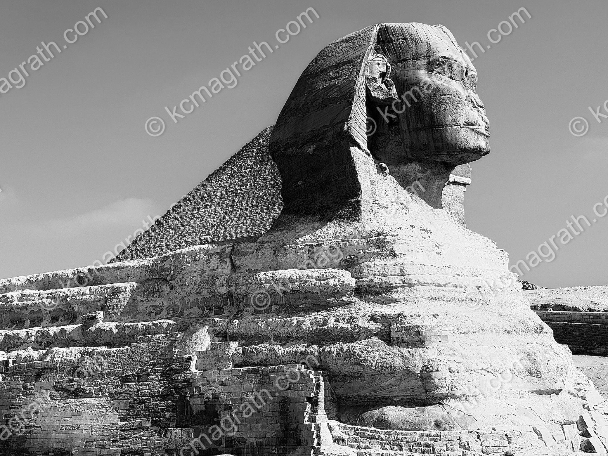 Giza's Ancient Sphinx With Pyramid 2, B&W, Egypt