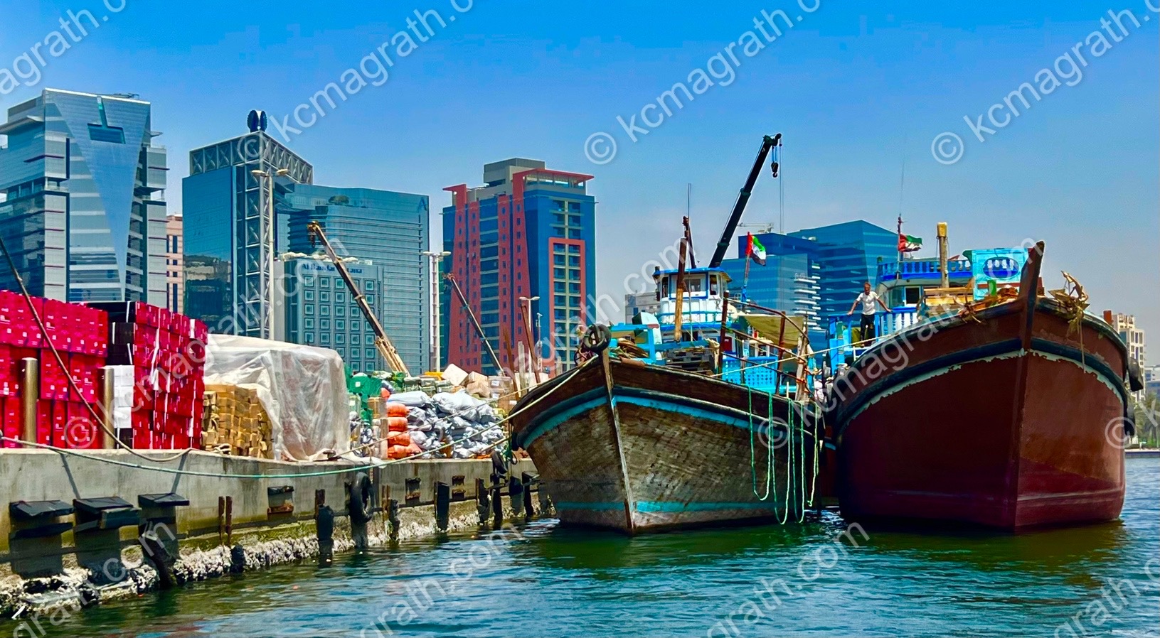 Dubai's Loading Docks with Small Cargo Ships, UAE