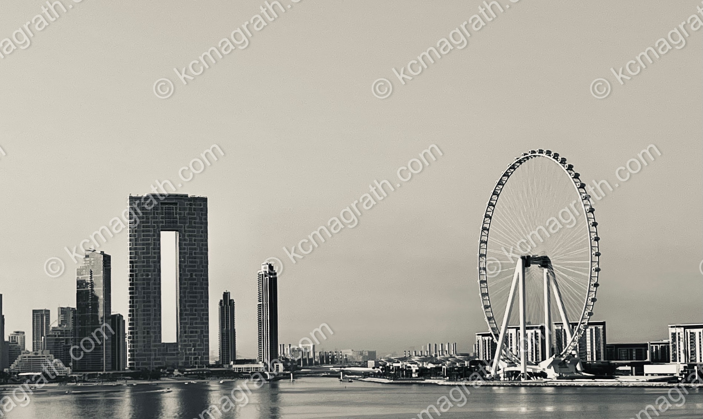 Dubai's Skyline with Ain Dubai / Dubai Eye Taken from Dubai Harbor Cruise Terminal 1, B&W, UAE