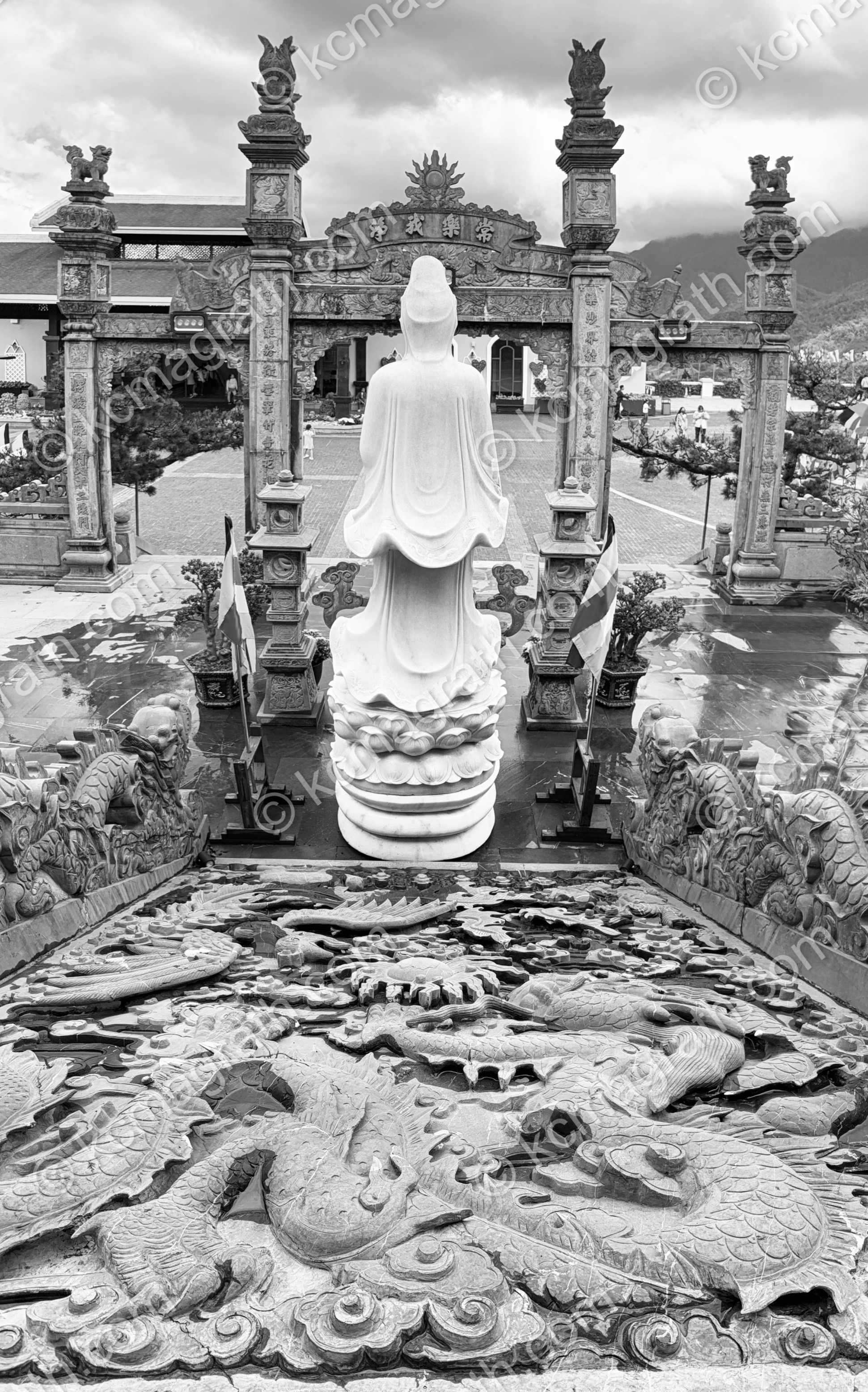 Sa Pa's O Quy Ho Temple Statue, Unique Angle from Behind, B&W, Vietnam
