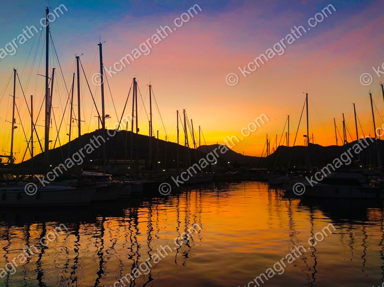 Cartegena's Yacht Port Marina Silhouettes 1 at Sunset, Spain