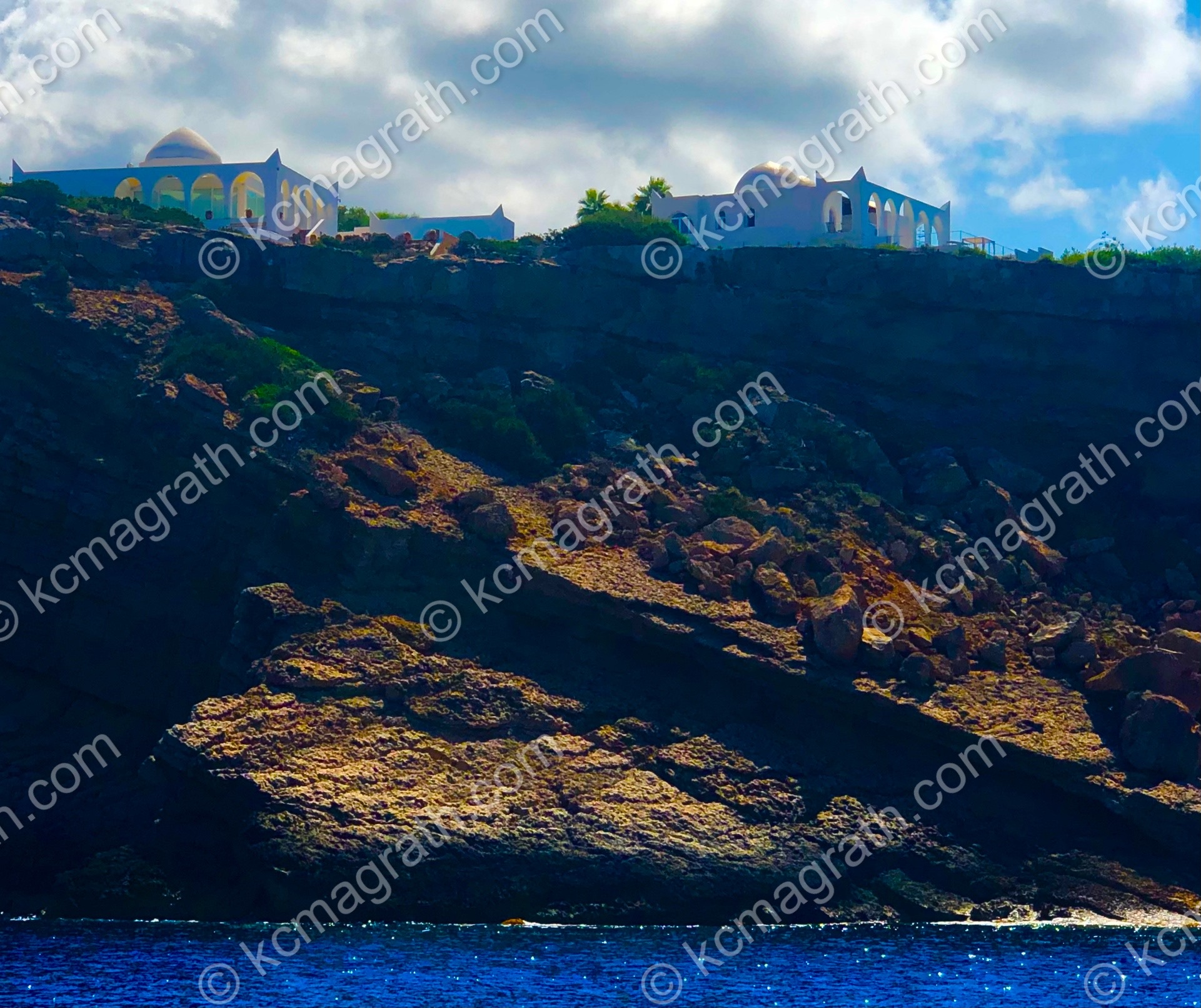 Coastal Homes Atop Cliffs with Beautiful Sunlight, Taken from S/V Desert Rose in the Balearic Sea, Ibiza