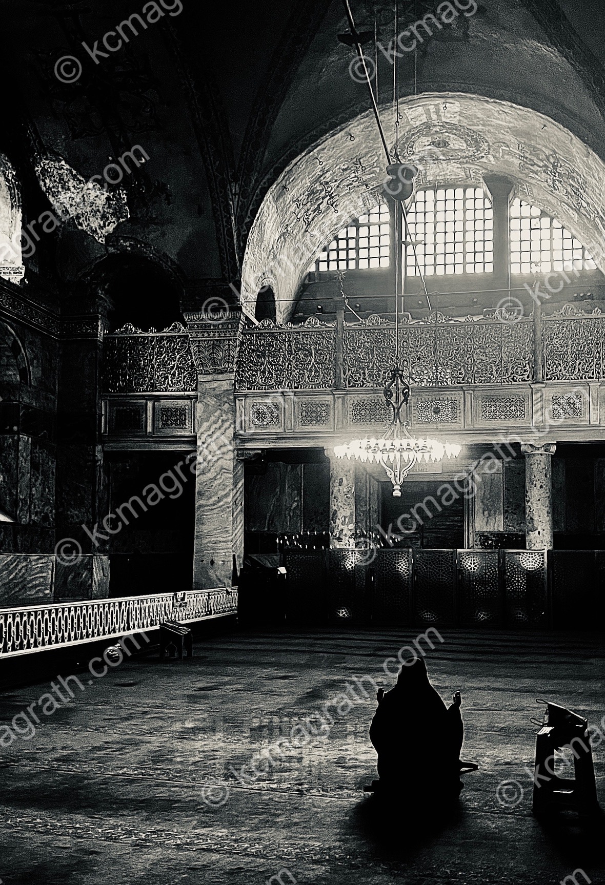 Woman Praying in the Hagia Sophia Grand Mosque, B&W, Istanbul, Turkiye