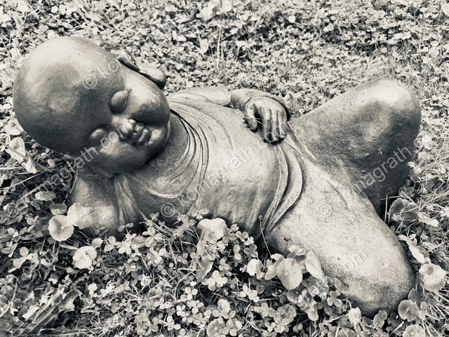 Sa Pa's O Quy Ho Baby Monk Statue 2 Sleeping, B&W, Vietnam