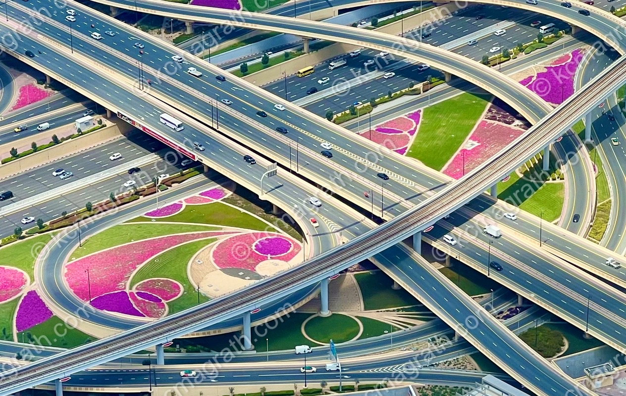 Dubai's Roadways with Colorfully Manicured Lawns, UAE