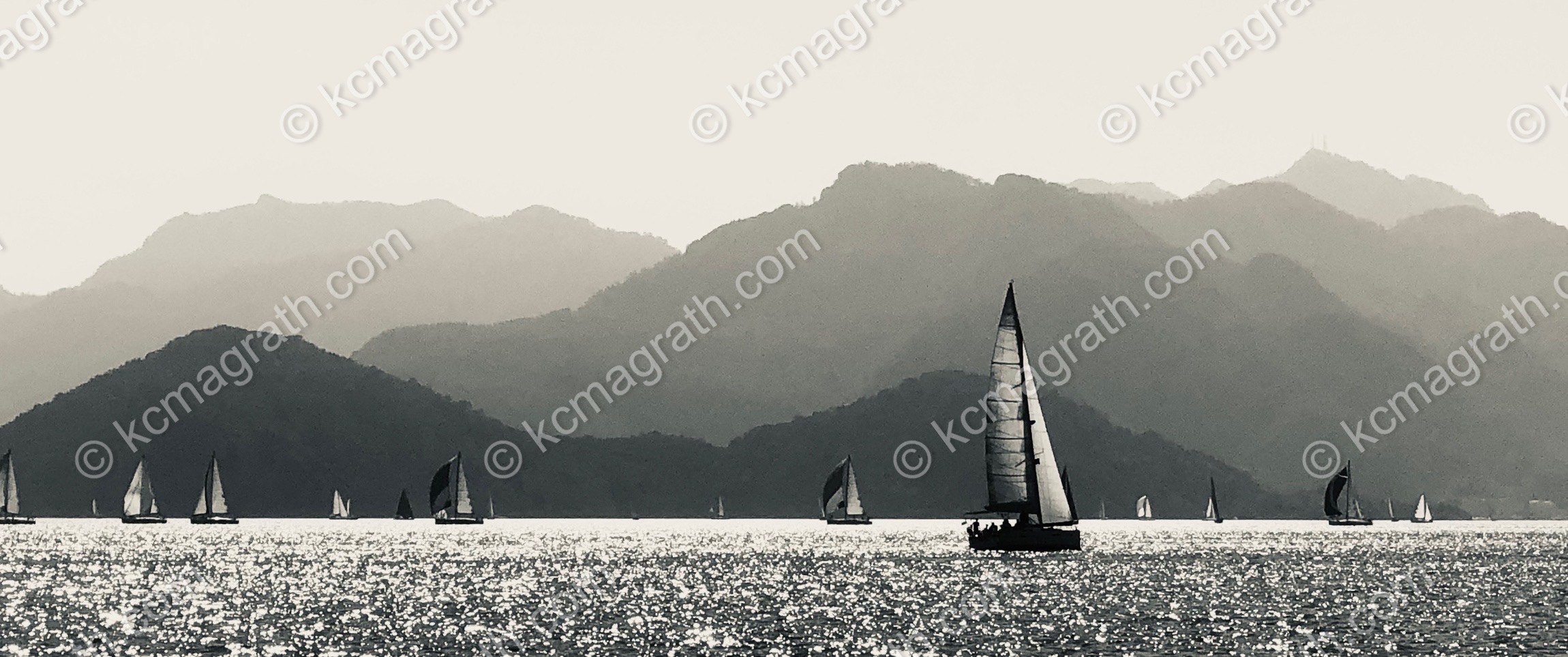 Marmaris's Bay with Sailboats, B&W, Panoramic, Turkiye