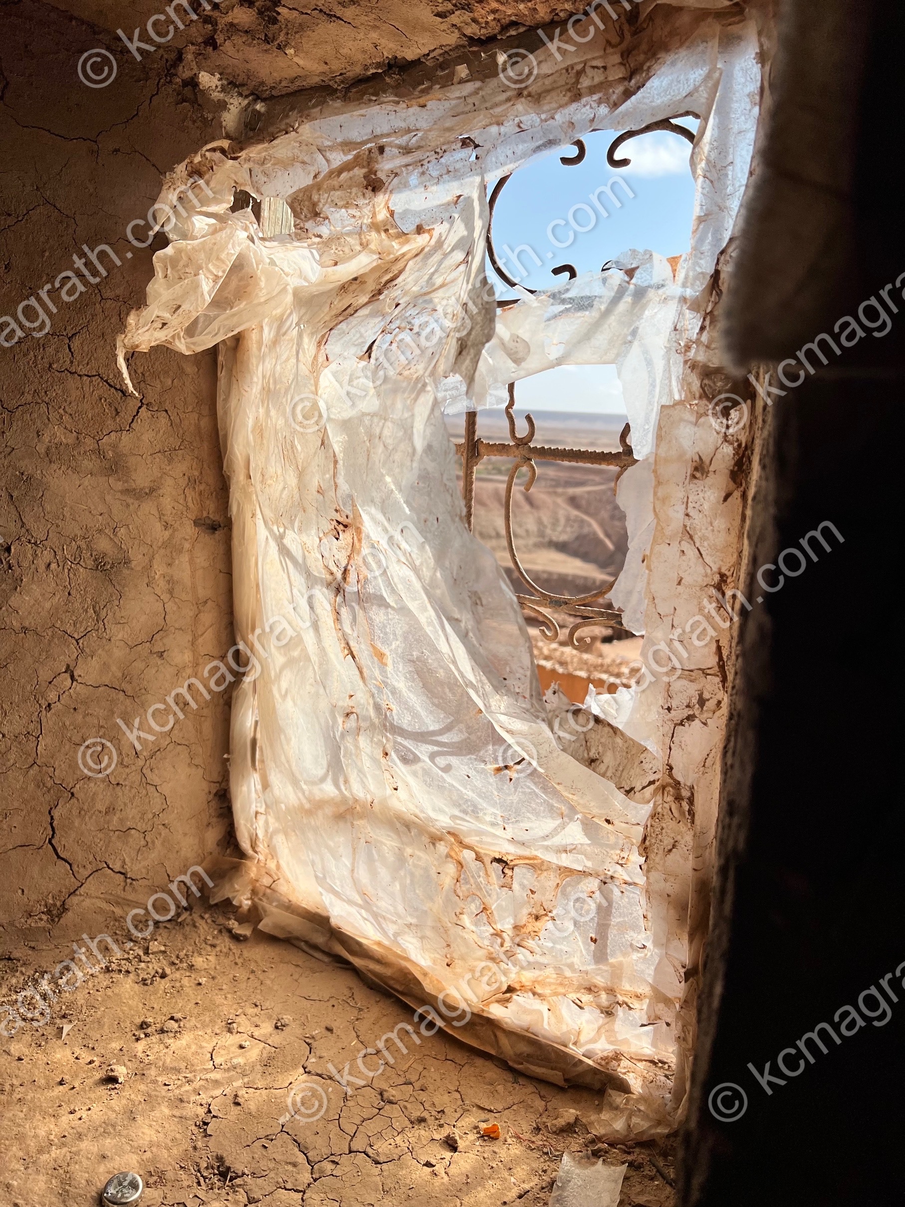 Saharan Desert Winds Billowing the Plastic Covering an Old Window, Morocco