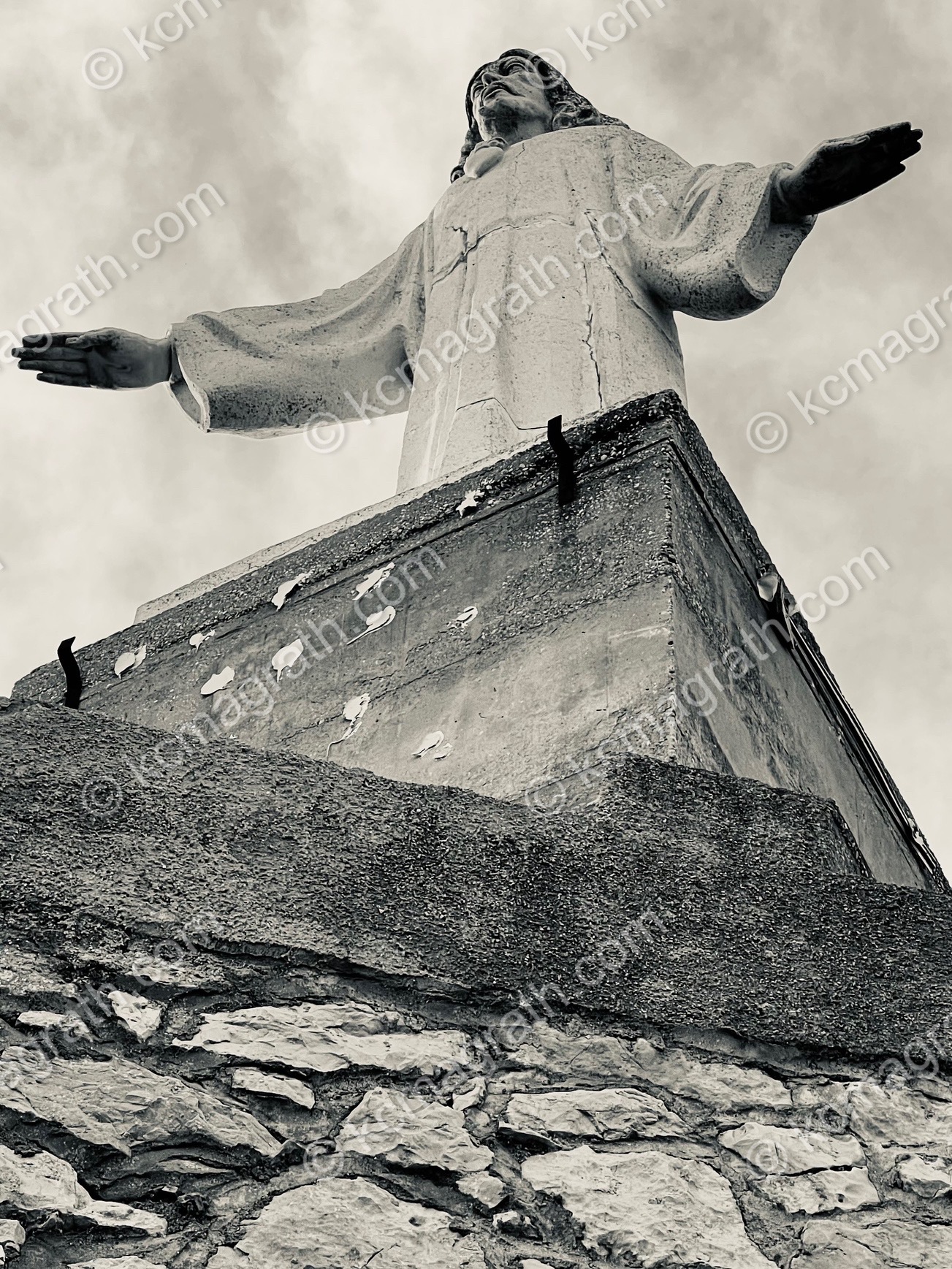 La Rapita's Cristo del Sagrado Corazon Statue, B&W, Spain