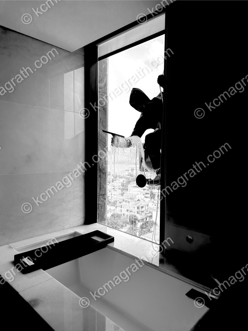 Window Washer 15th Floor Silhouette, B&W, Vinh Yen, Vietnam