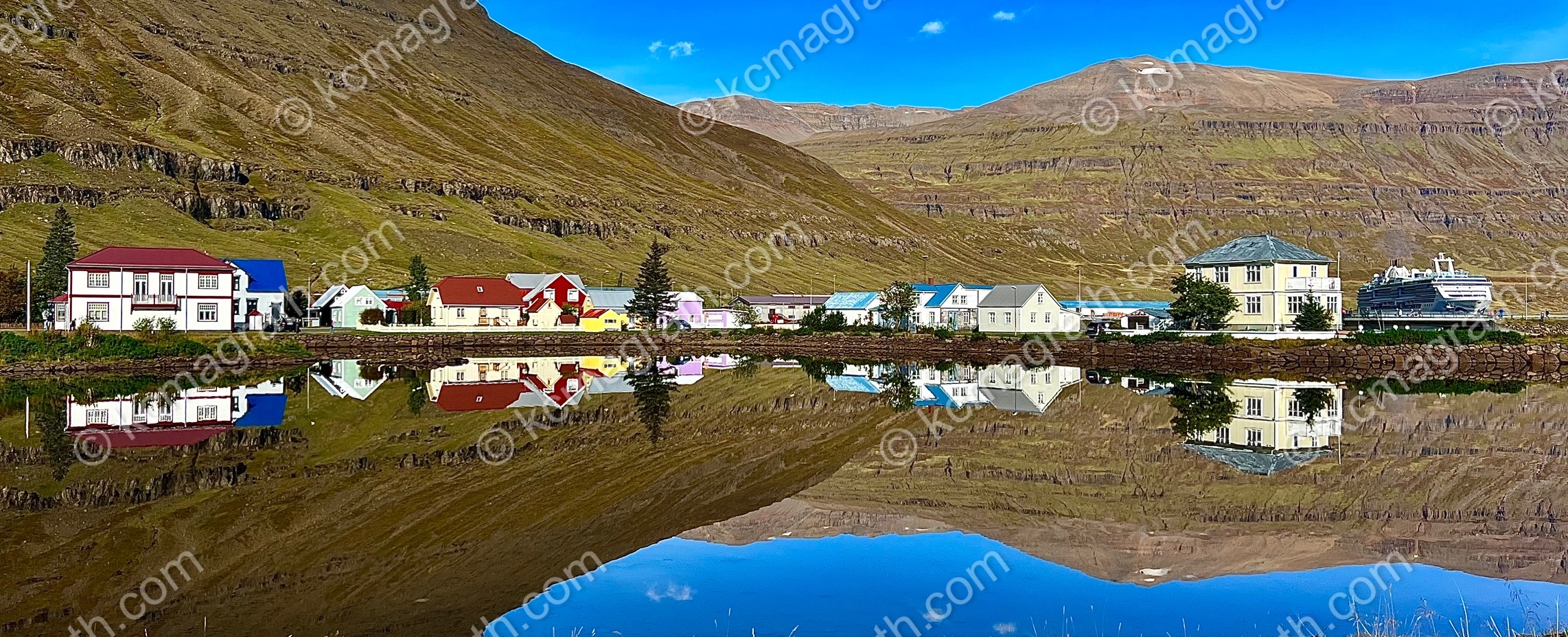 Seydisfjordur's Stunning Shoreline & Reflection, Panoramic, Iceland