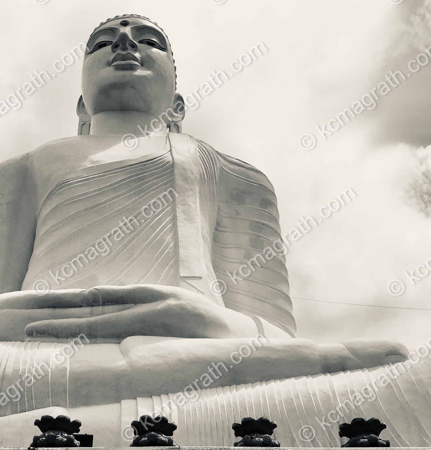 Kandy's Majestic Bahirawakanda Vihara Buddha Statue 2 With Flowers, B&W, Sri Lanka