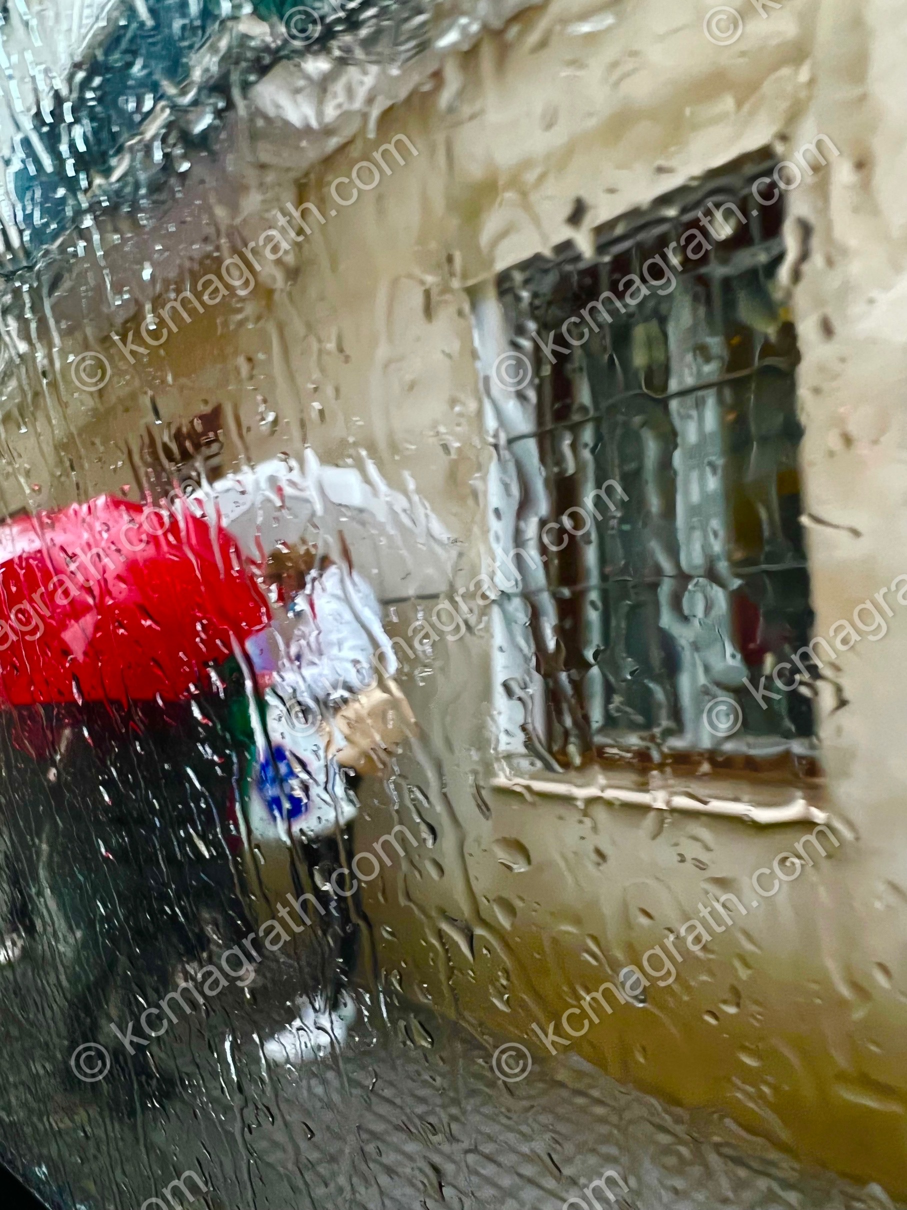 Cadiz's Calle de Rosa in the Rain with Two Umbrellas, Through Glass, Spain