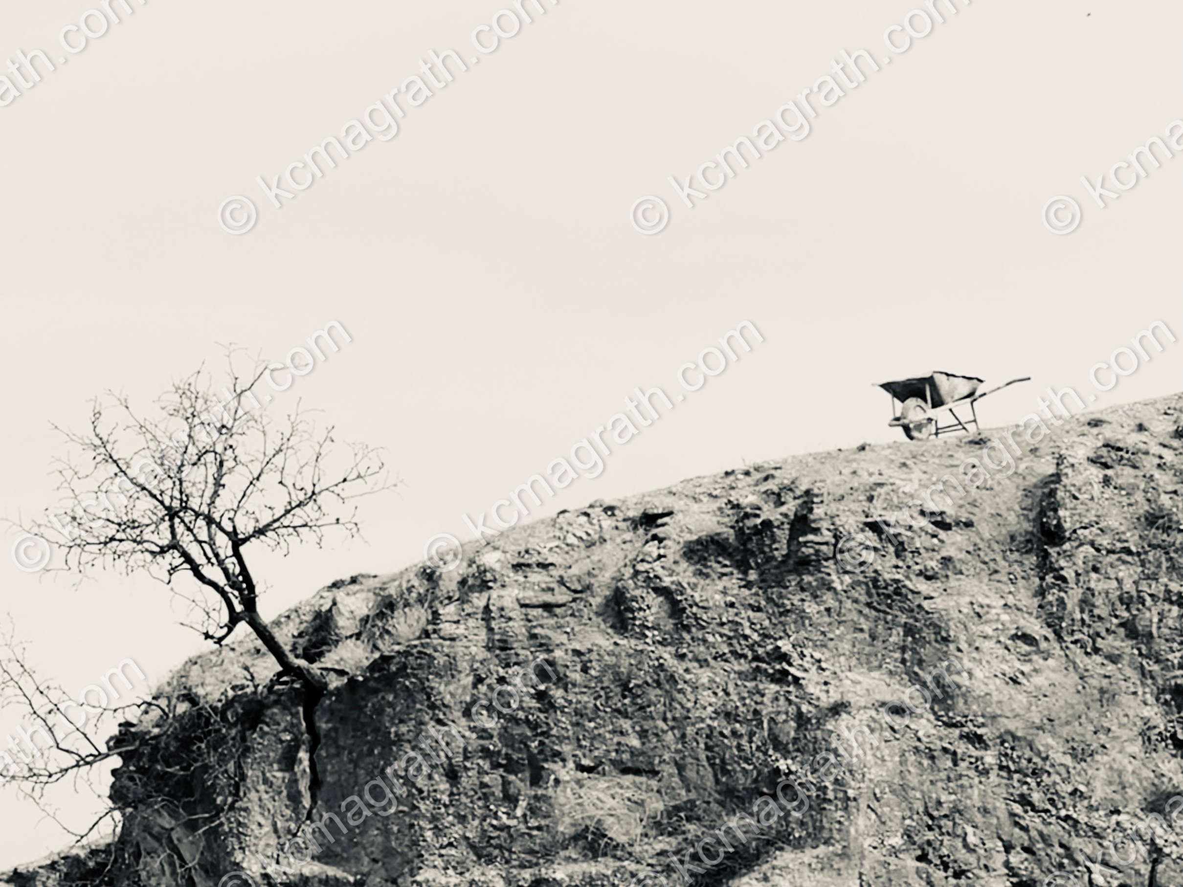 Fes's Rocky Slope with Wheelbarrow, B&W, Morocco
