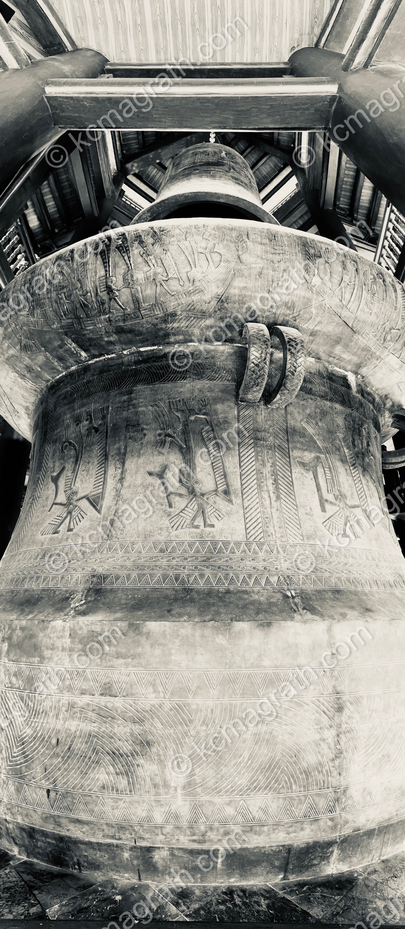 Bai Dinh's Temple Bell, Vertical Panoramic, B&W, Vietnam