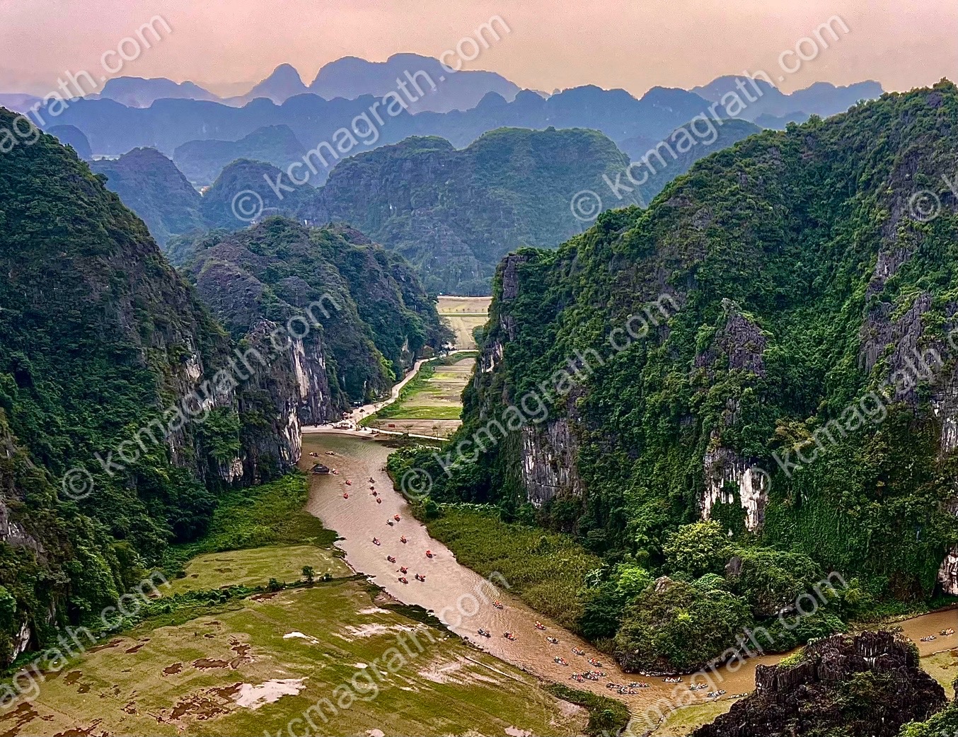 Nih Binh's Hoa Lu - Hoang Long River in Fog and with Beautiful Pink Sky, Vietnam