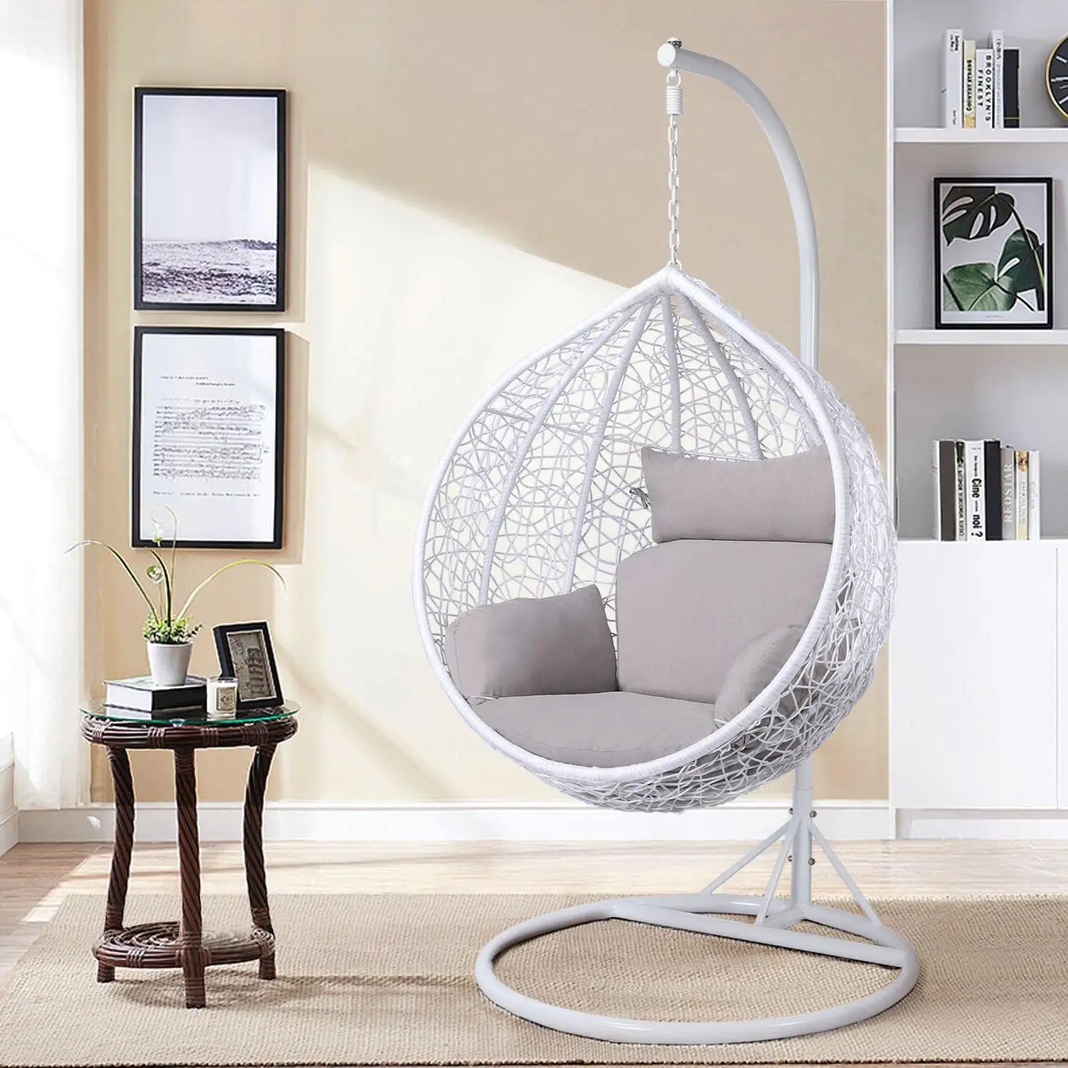 Indoor & Outdoor Rattan Egg Swing Chair with Metal Stand