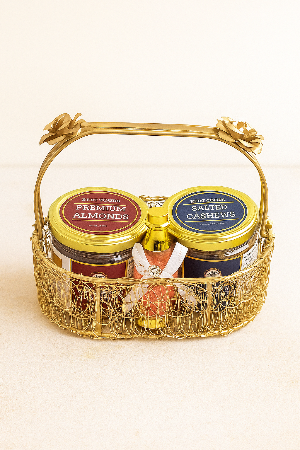 Premium Almonds & Salted Cashews Diwali Gift Basket with Ladoo candle in a Bottle