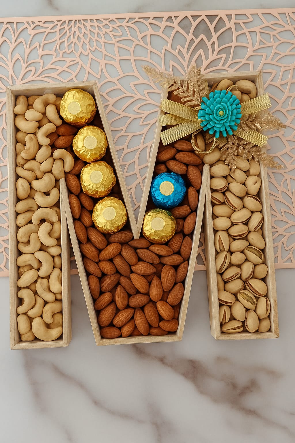 Dry Fruits and Chocolate filled Alphabets made of premium wood