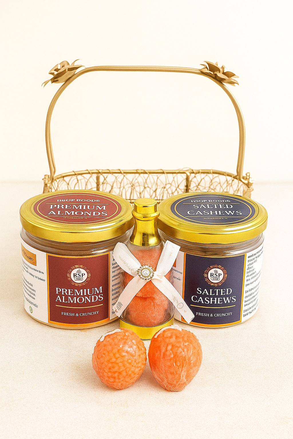 Premium Almonds & Salted Cashews Diwali Gift Basket with Ladoo candle in a Bottle