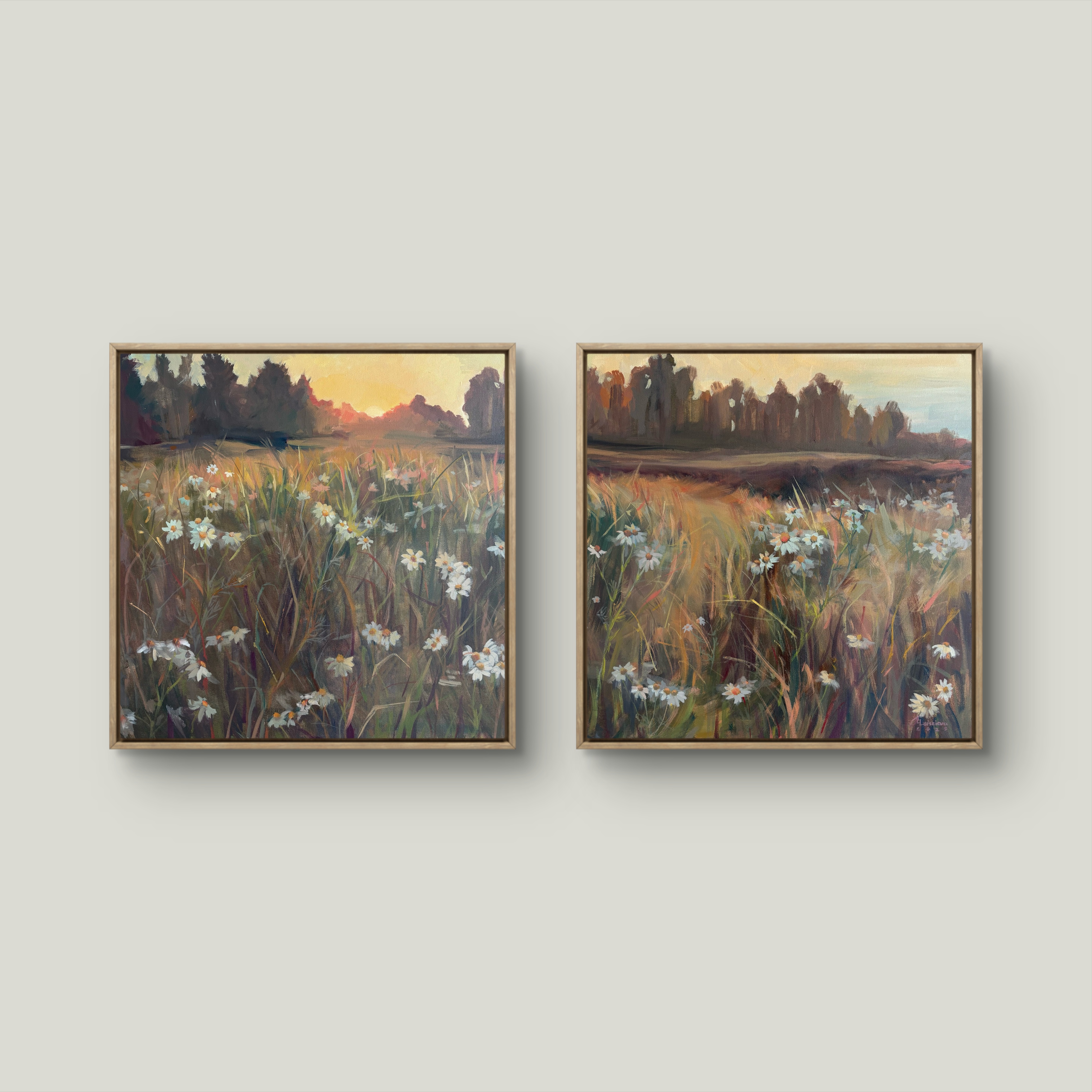 In Quiet Company – Original Oil Diptych of Wild Chamomile Field