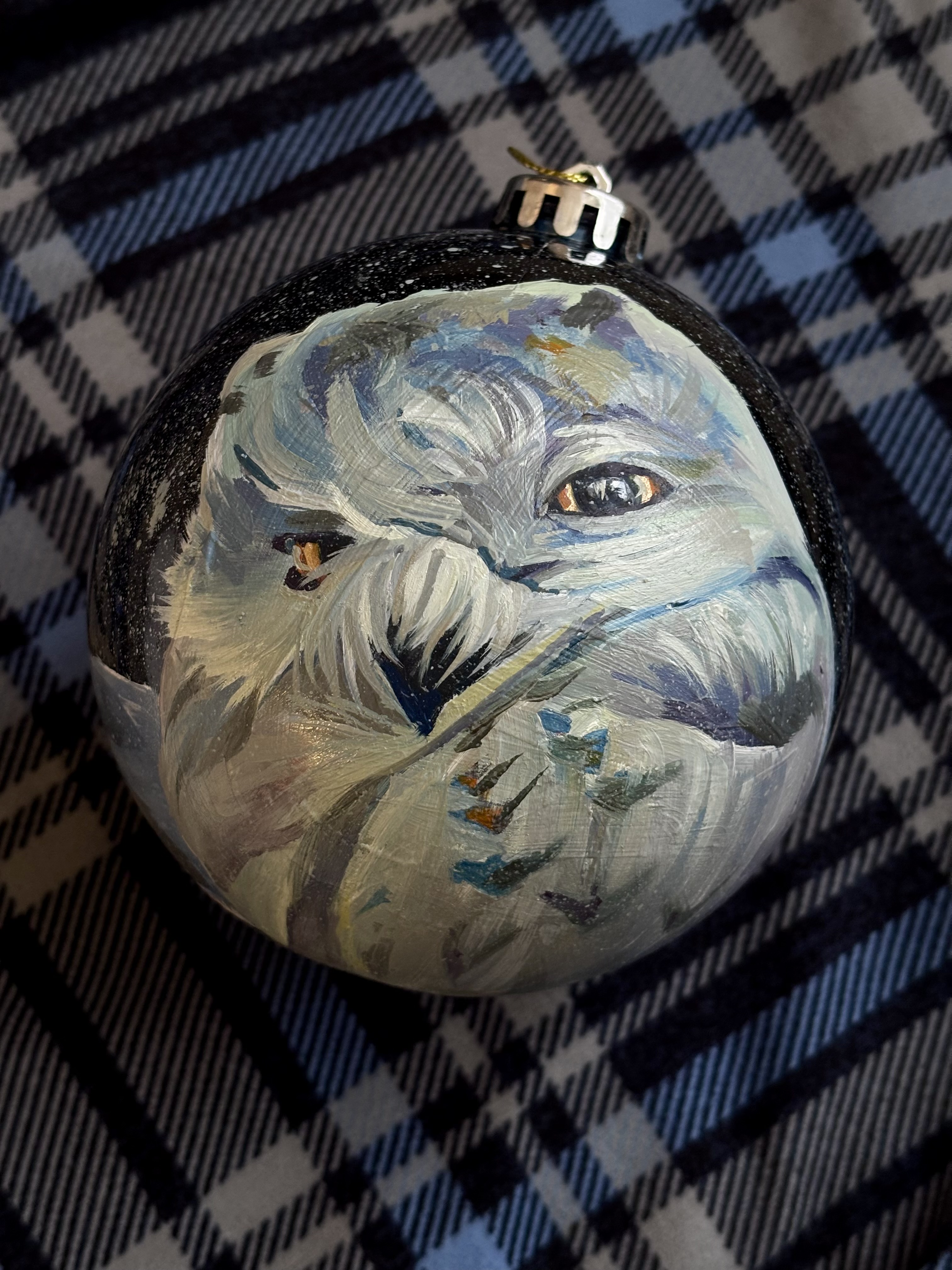 Hand-Painted Christmas Ornament — Owl & Winter Village (Original Oil, 4")