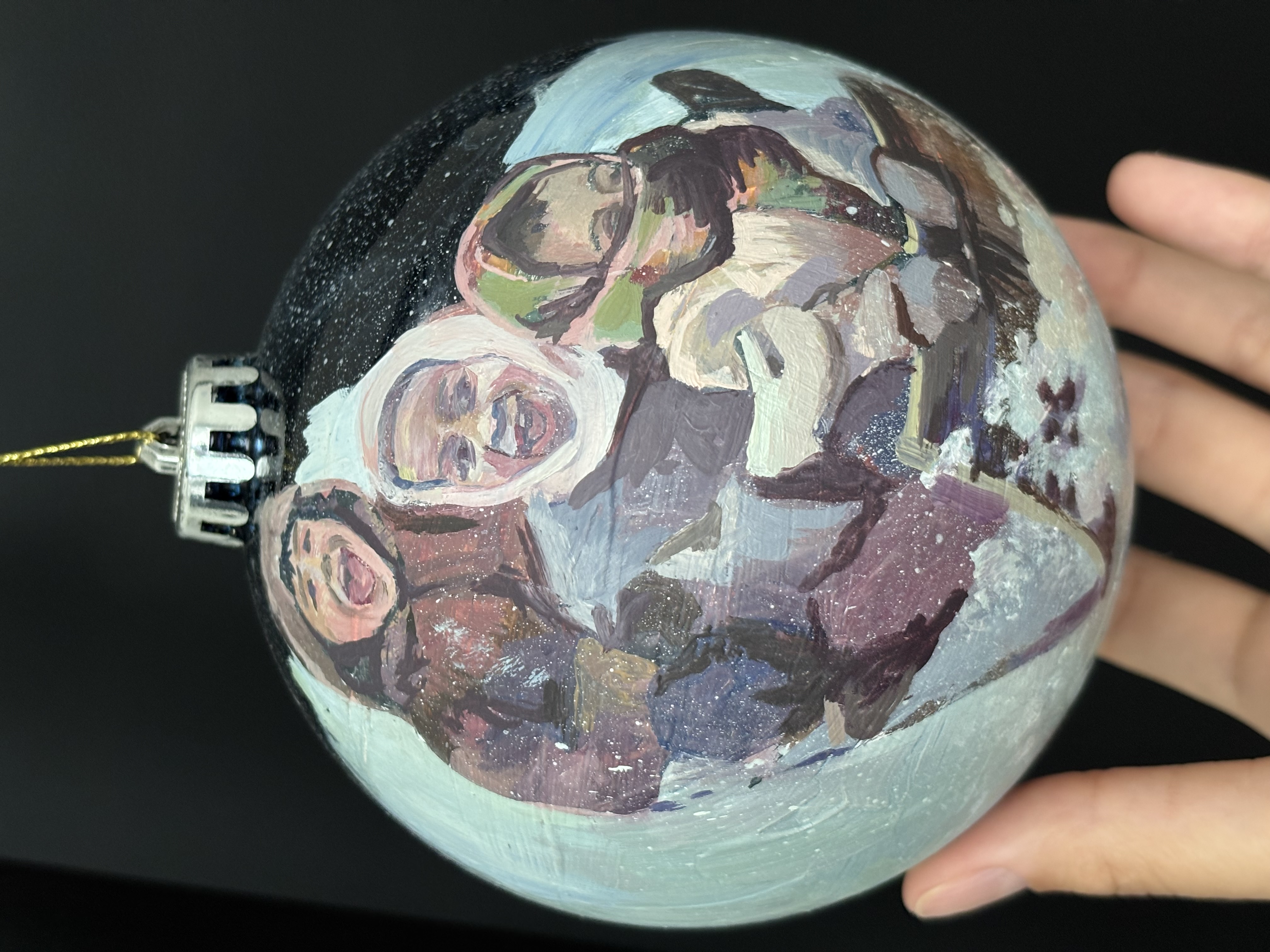Hand-Painted Christmas Ornament — Children Sledding at Night (Original Oil, 4")