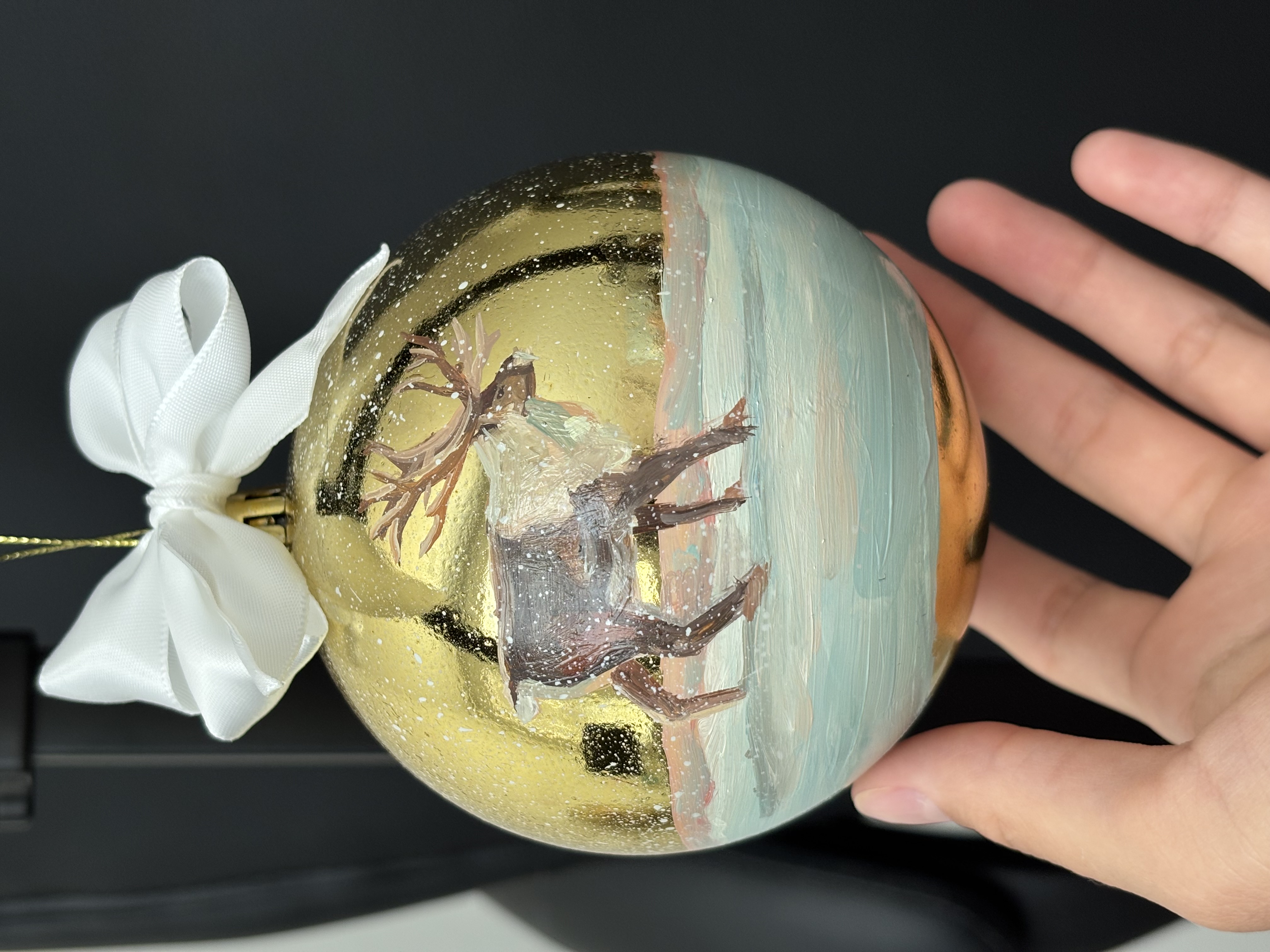 Hand-Painted Christmas Ornament — Reindeer in Fresh Snow (Original Oil)