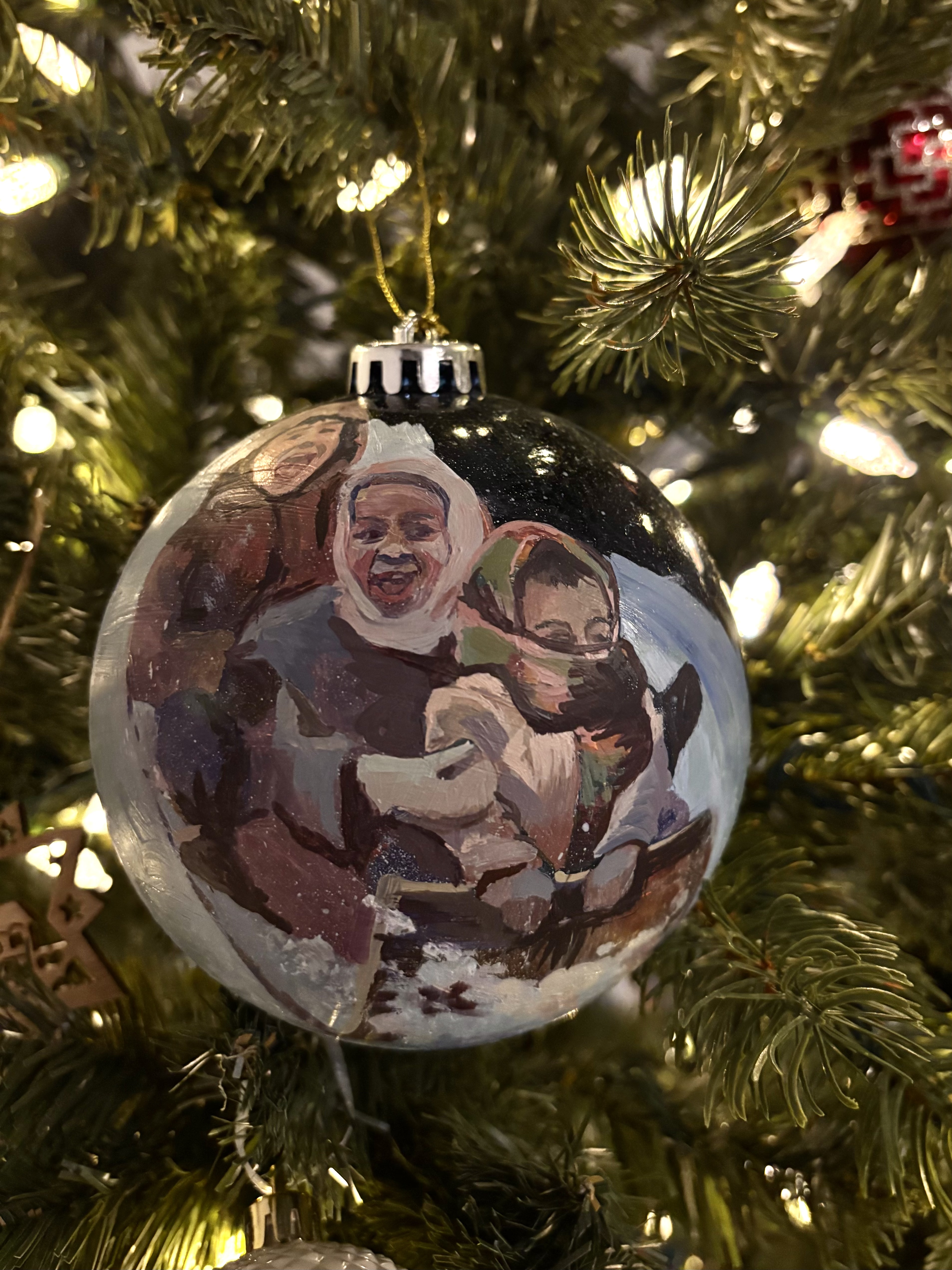 Hand-Painted Christmas Ornament — Children Sledding at Night (Original Oil, 4")