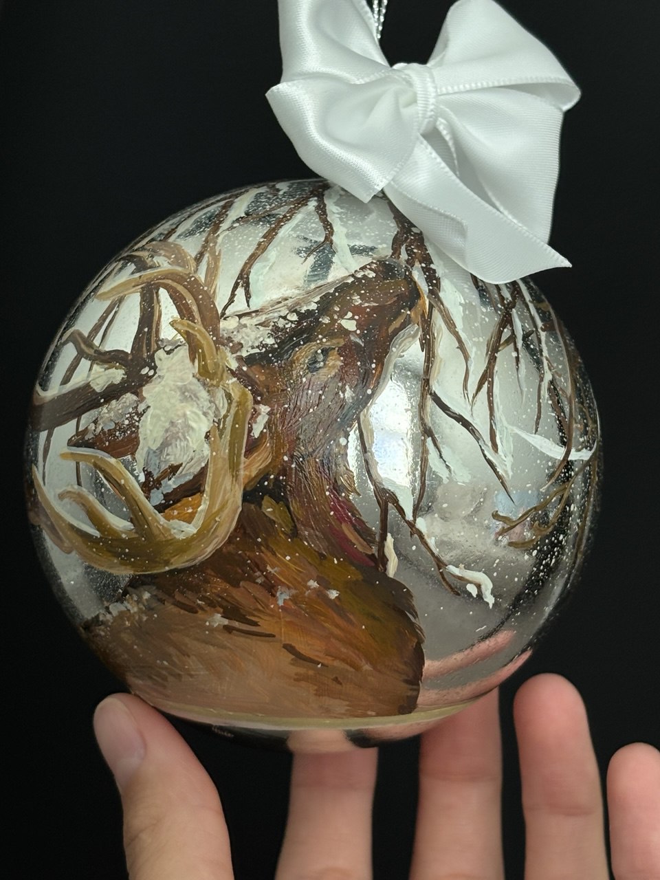 Hand-painted Christmas Ornament — Stag in Winter Forest (Original Oil)