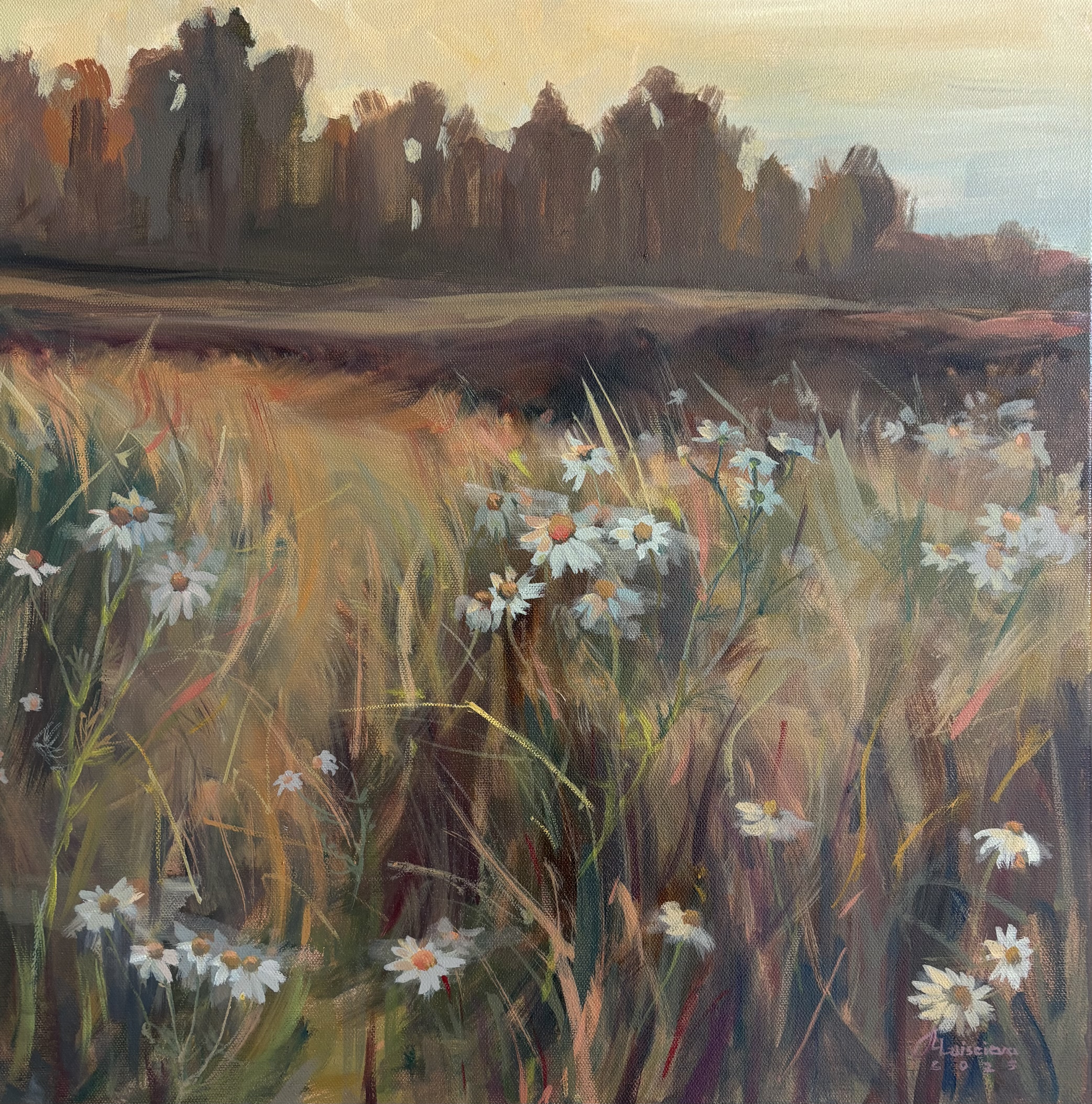 In Quiet Company – Original Oil Diptych of Wild Chamomile Field